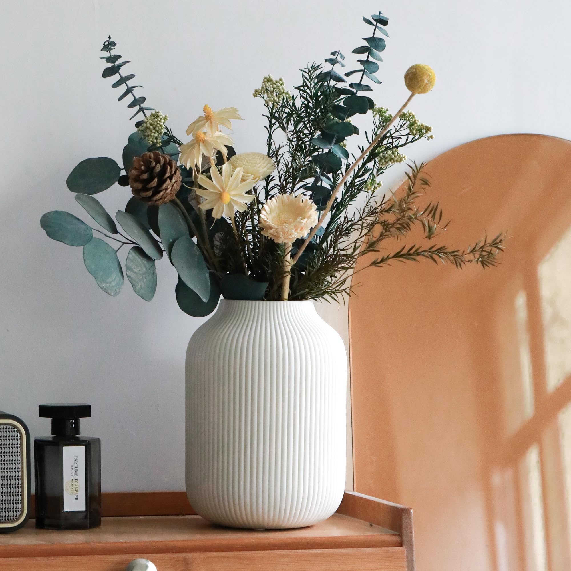 Flature vaso in ceramica con scanalature – fiore bianco opaco impermeabile per fiori recisi e secchi, erba della pampa, vaso grande 20 cm, regalo per soggiorno