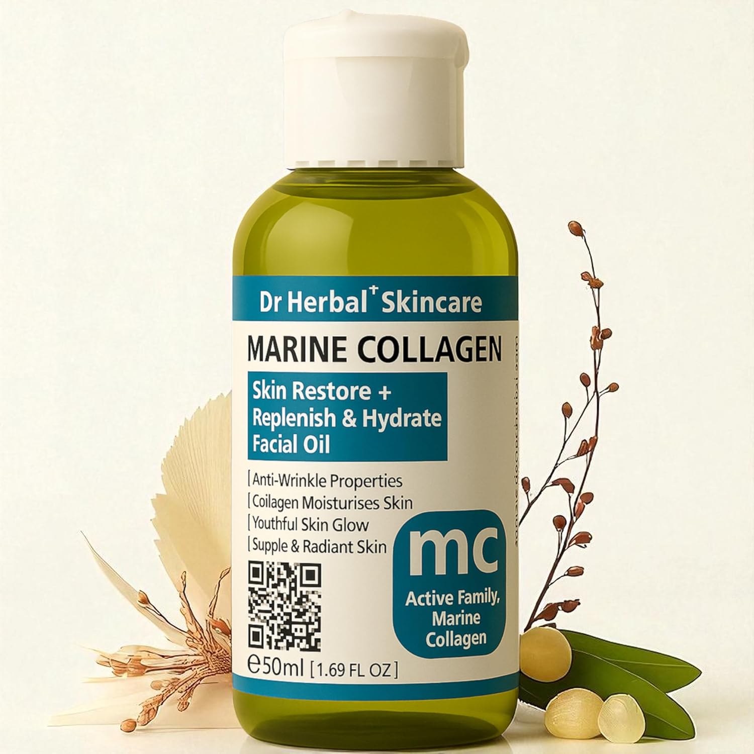 Marine Collagen Facial Oil 50ml Anti-Ageing Skincare Serum with Hydrolysed Roe, Bladderwrack, Vitamin E, Silk Amino Acids Lightweight, Clear, Non-Greasy Formula UK Made