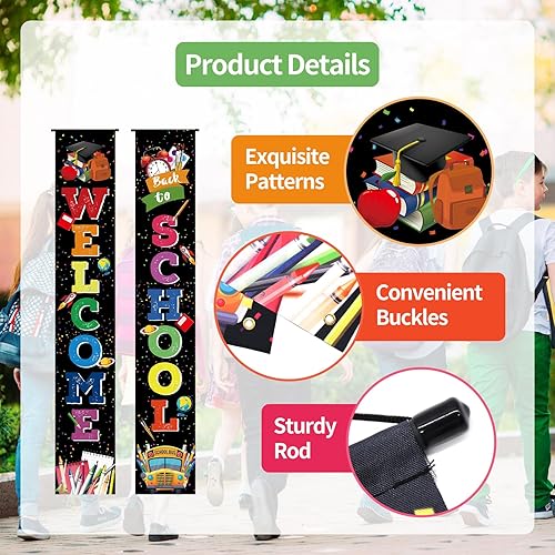 Miniatura 3 de Cartel de bienvenida de regreso a la escuela para puerta, porche, primer día de escuela, pancartas de tela colgantes, banderas, letreros de