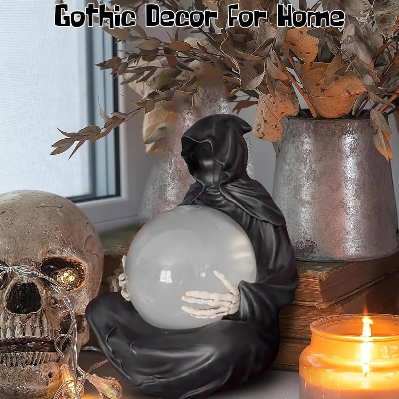 Statua Ponurego Żniwiarza z Latającymi Nietoperzami Kryształowa Kula Nowy Halloween LED Light Ponury Żniwiarz Świecące Kryształowe Kule, Figurka Śmierci Boga Halloween, Tajemnicza Figurka Nietoperza