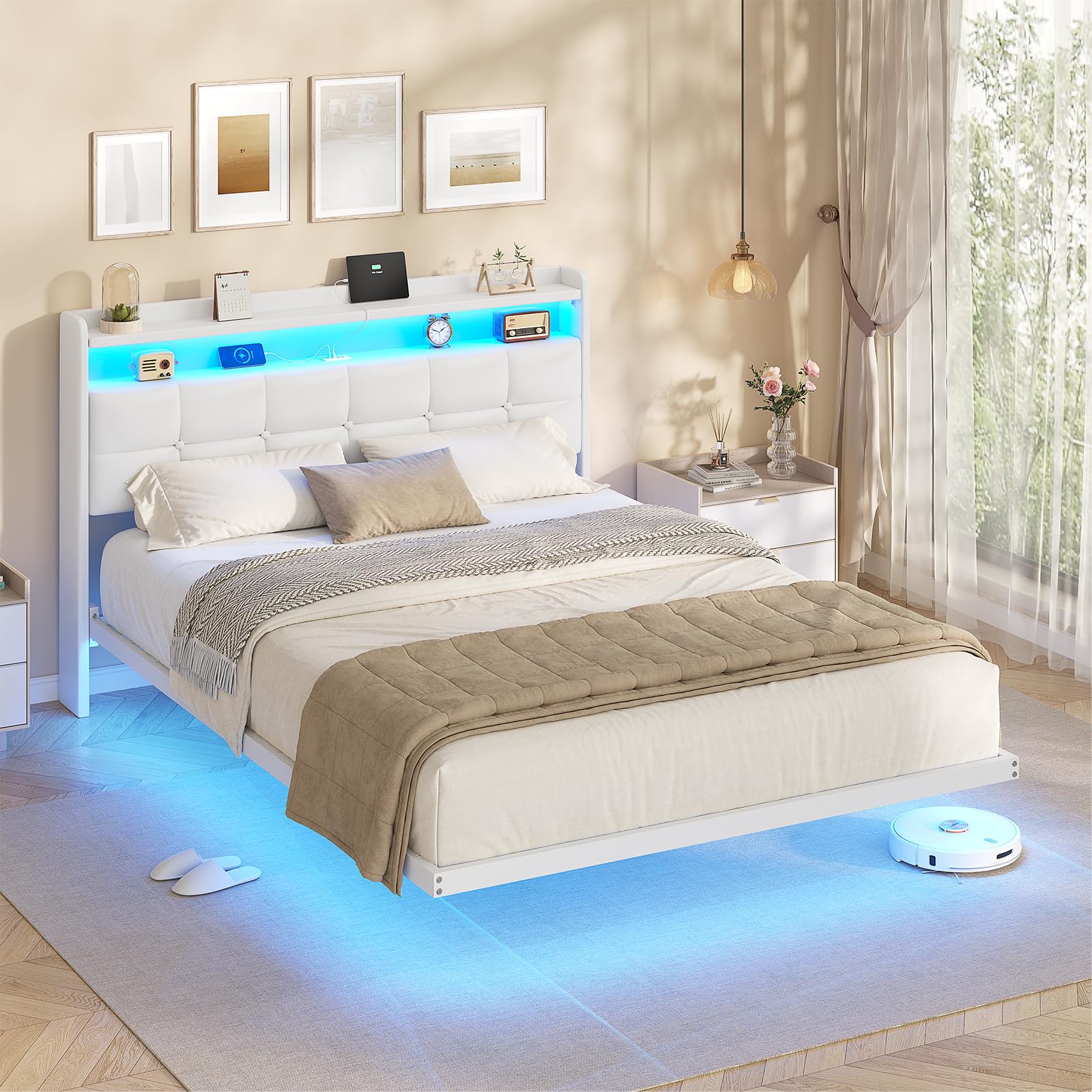 AOGLLATI 4ft6 Floating Double Bed Frame 135×190CM with LED Lights & Charging Station, Metal Platform Bed frame with Upholstered Headboard, Easy Assembly,Noise Free,No Box Spring Needed,Off-white PU