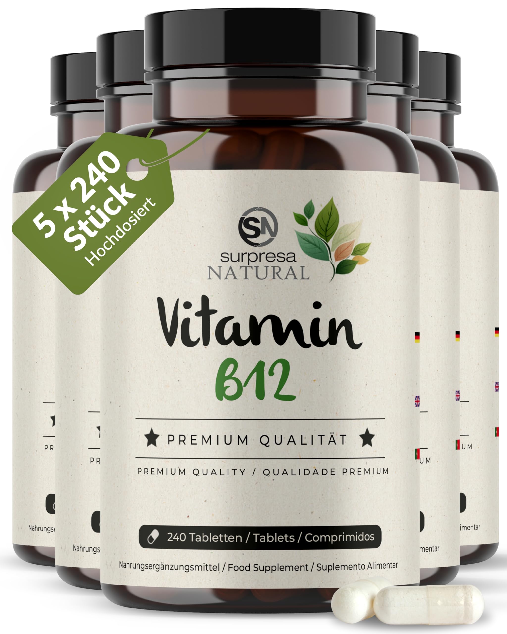 Vitamin B12 Tabletten I 5 x 240 Stück I Mit 500 µg Vitamin-B 12 aus Methyl- & Adenosylcobalamin I Vorrat für 40 Monate I Vitamin-B-Komplex hochdosiert I 100% vegan & natürlich