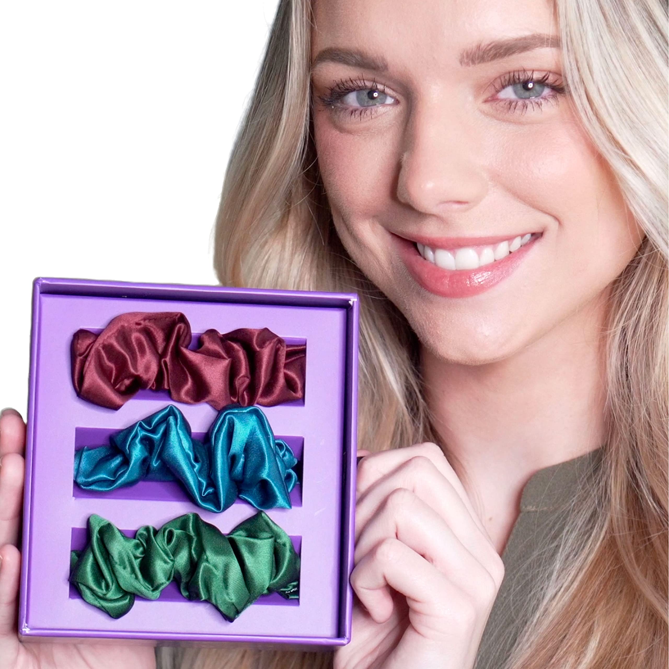 3 Count Silk Scrunchies - 100% Pure 6A-Grade 22 Momme Mulberry Silk Luxurious Hair Ties, Ponytail Holder for Frizz & Breakage Prevention (3 Count, Peacock Blue/Emerald/Burgundy)