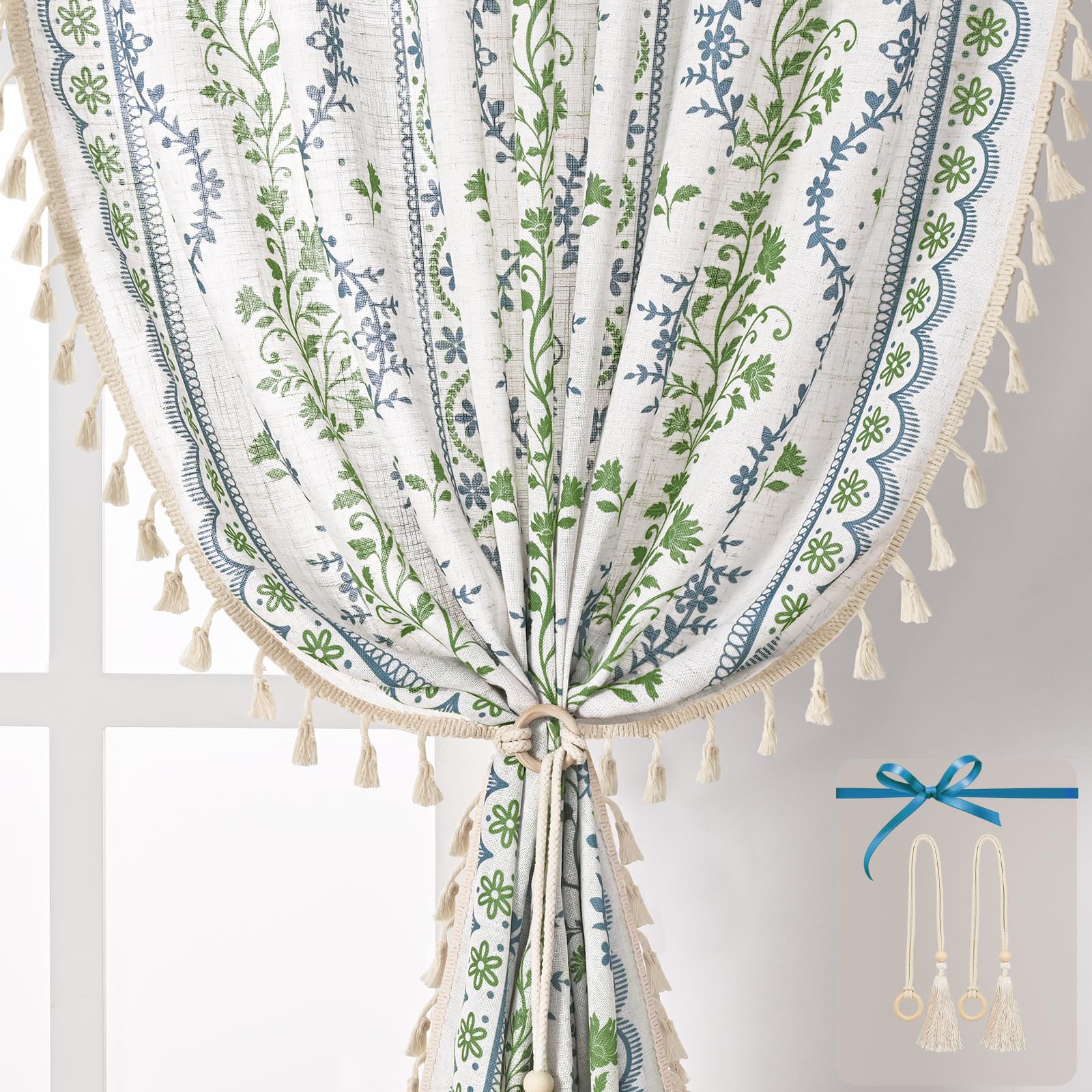Yinhua Boho Curtains for Living Room 63 Inch Length Vintage Linen Curtains for Bedroom Light Filtering Window Curtain Rod Pocket &amp; Back Tabs Rustic Tassel Drapes with Tiebacks, Blue Green Floral