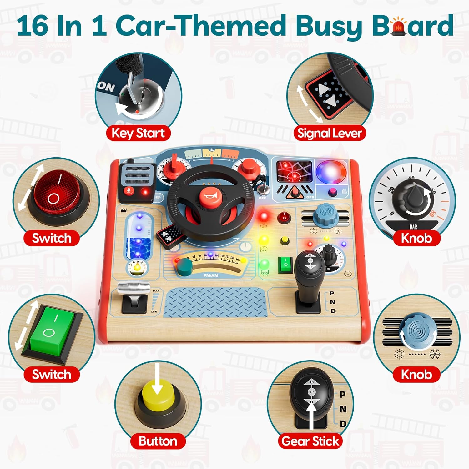 TOP BRIGHT Montessori Busy Board with LED Light, Sensory Toys with Sounds & Switches, Activity Board for Kids 3-5, Car Driving Toy for Toddler Boy, 3 Year Old Girl Boy Gifts for Birthday Christmas