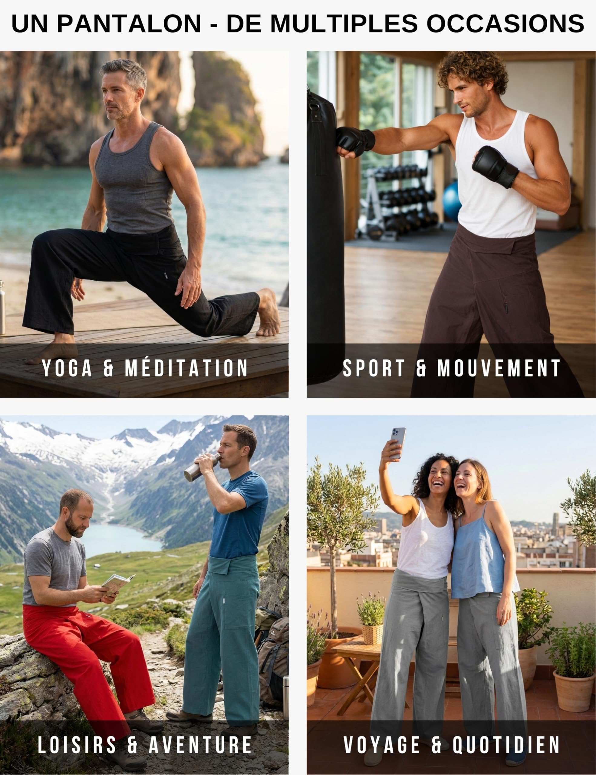 PANASIAM Pantalon de pêcheur thaï - Coton - Pantalon Portefeuille Unisexe | Pantalon thaï, aussi pour le yoga ou les arts martiaux, ajustement flexible en 2 longueurs, technique portefeuille, uni