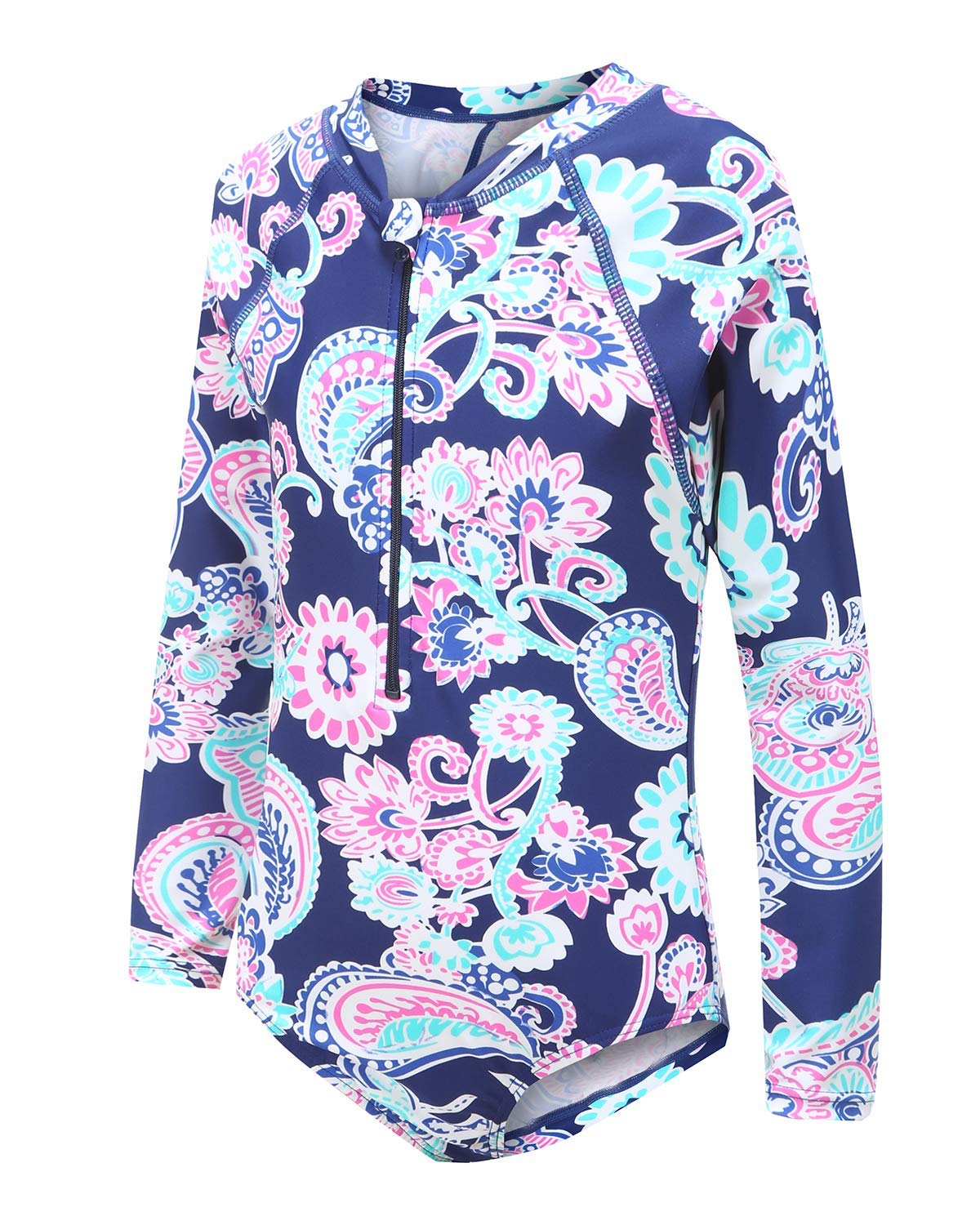 Girls Long Sleeve Rash Guard One Piece Swimsuit Kids UPF 50+ Sun Protection Swimwear Rainbow Striped Bathing Suit 3-14 Years