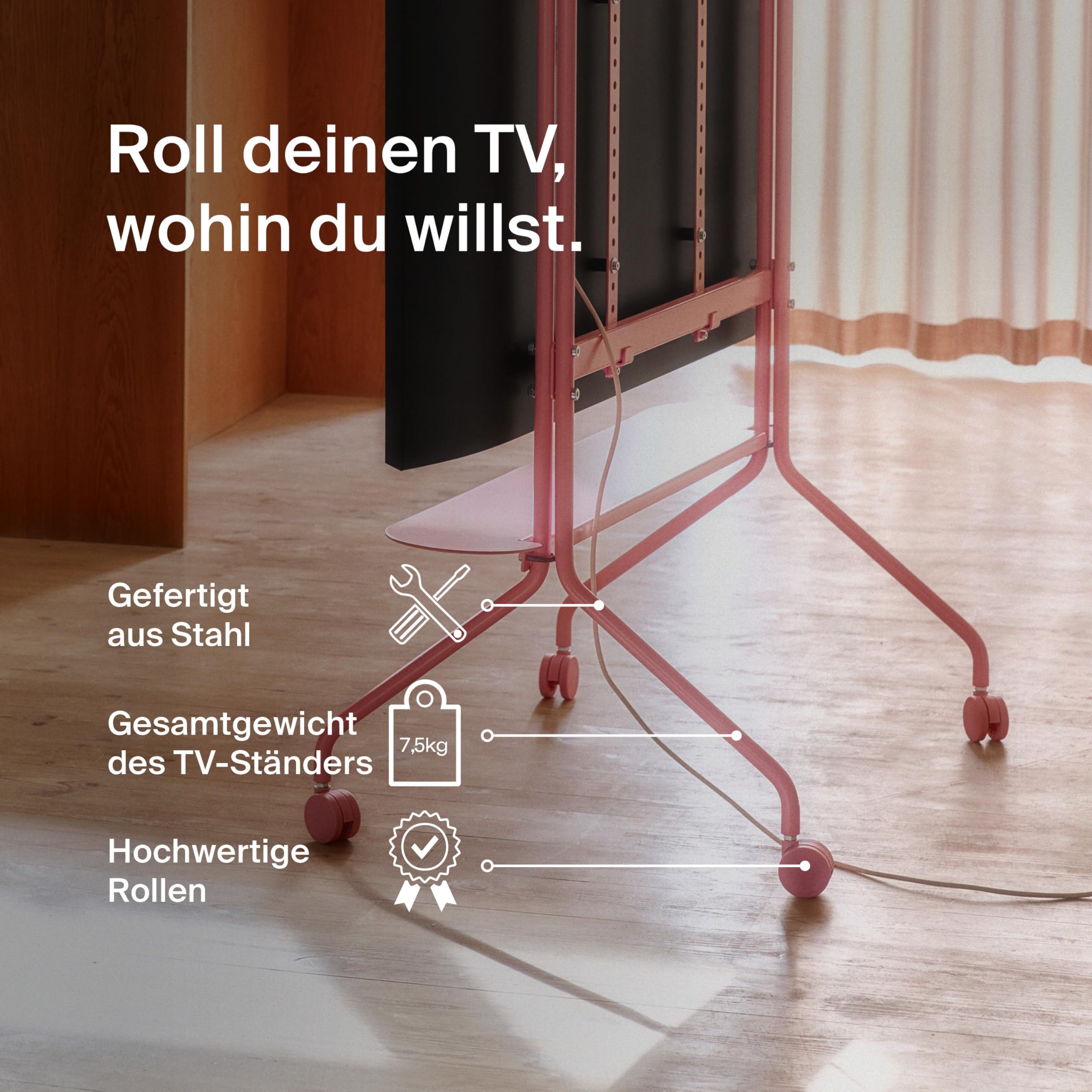 Pedestal Moon Rollin’ TV Ständer mit Rollen für Fernseher 44–60 Zoll | Fernsehständer & TV Wagen | TV Standfuss Rollbar | TV Bodenständer für Wohnzimmer | TV Erhöhung (Bubble Gum)