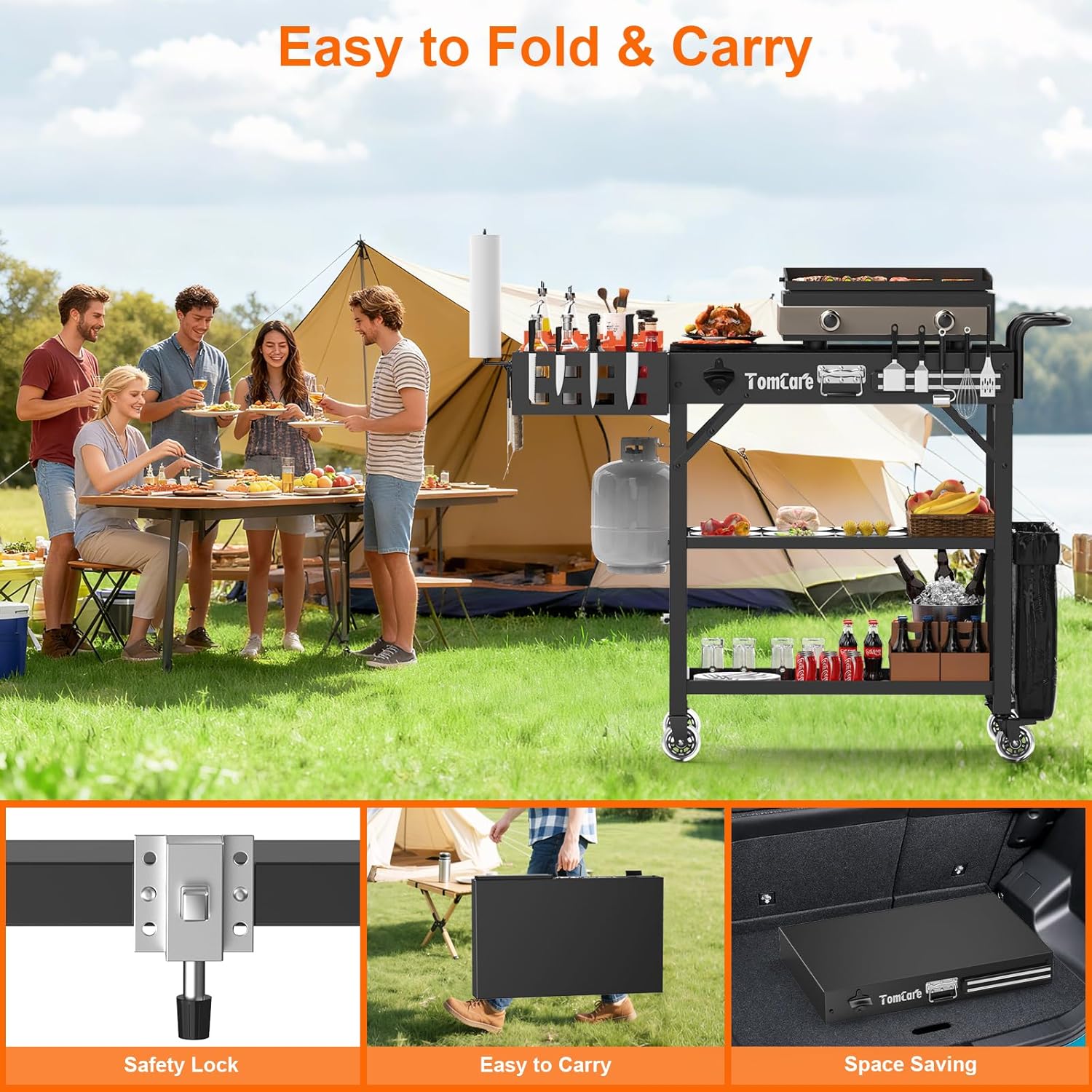 TomCare Grill Table with 3-Tier Storage Shelves Lockable Wheels Grill Cart with Silicone Grill Mat Heavy Duty Outdoor Tabletop Griddle Stand Holds 500Lbs Fits 22” Blackstone Ninja Cuisinart BBQ Grill