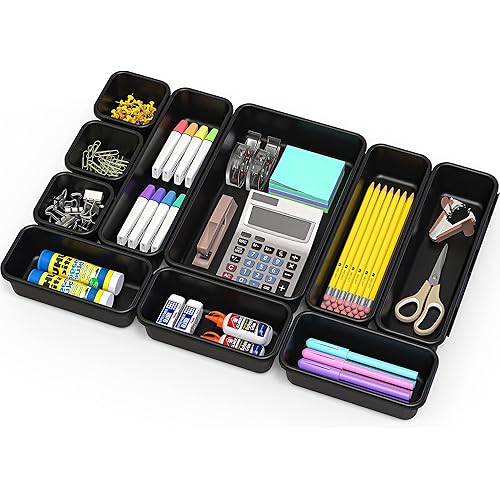 Simple Houseware Black Desk Drawer Organizer, 10 pack(3S, 3M, 3L, 1XL)