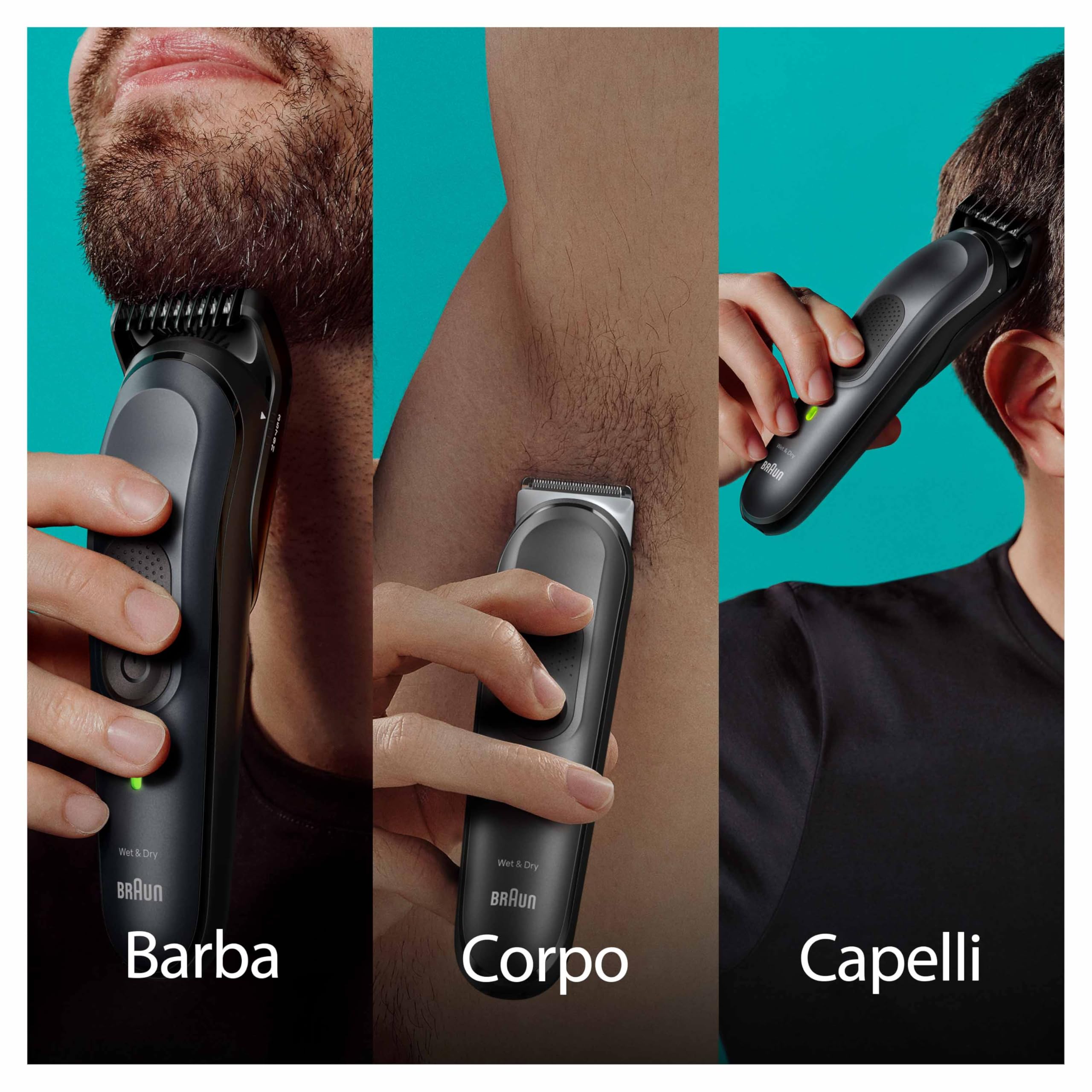 Braun Regolabarba Tagliacapelli Uomo, Rasoio Elettrico Barba e Capelli, 17-in-1 Styling Kit Per Barba, Capelli, Corpo, Naso e Orecchie, 100 Minuti Di Utilizzo, MGK7491 Nero