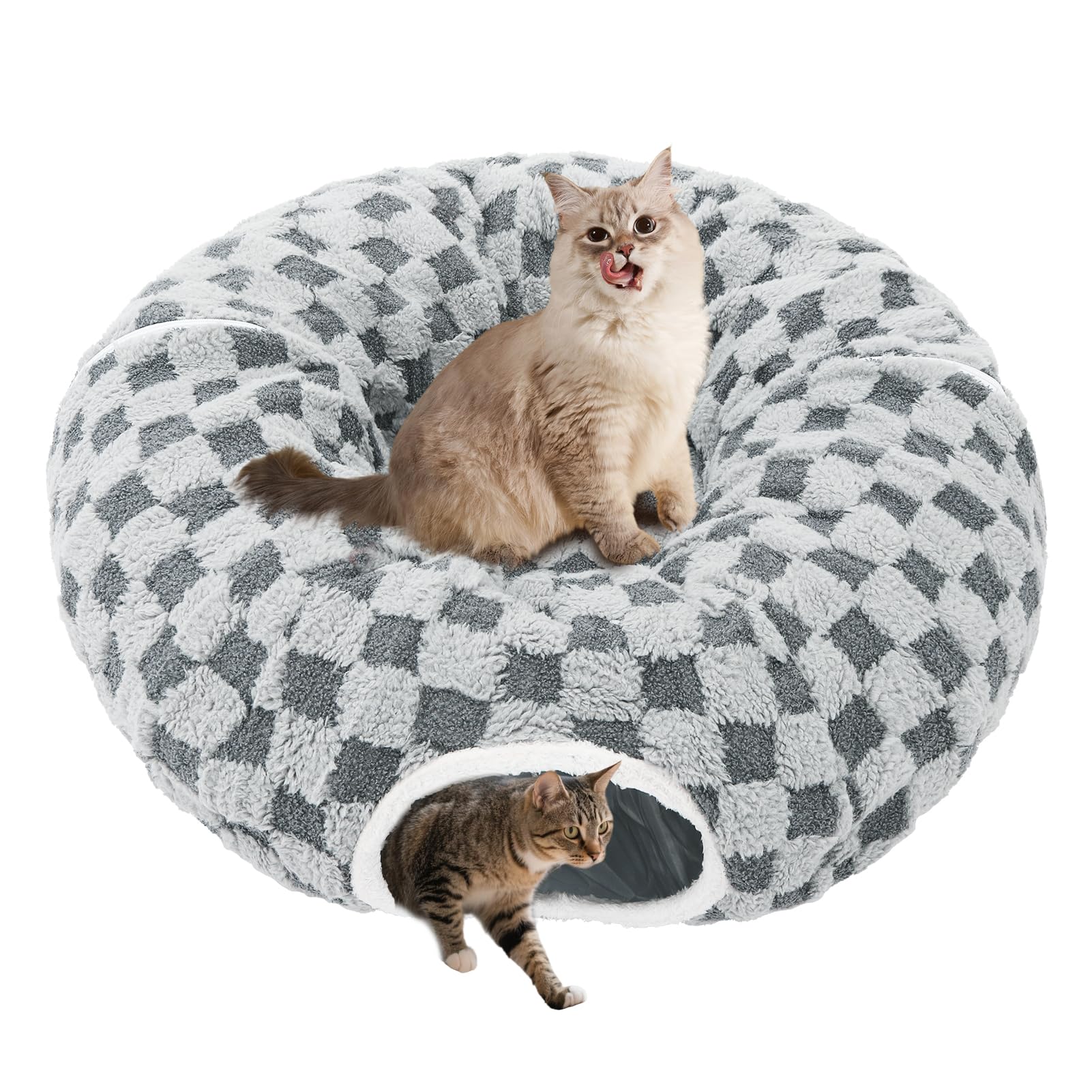 Homimp Cat Tunnel Bed with Central Mat, Large Tube Playground with Plush Ball Toy, Peekaboo Cat Cave with Washable Circle Cushion for Indoor Cats, Pop