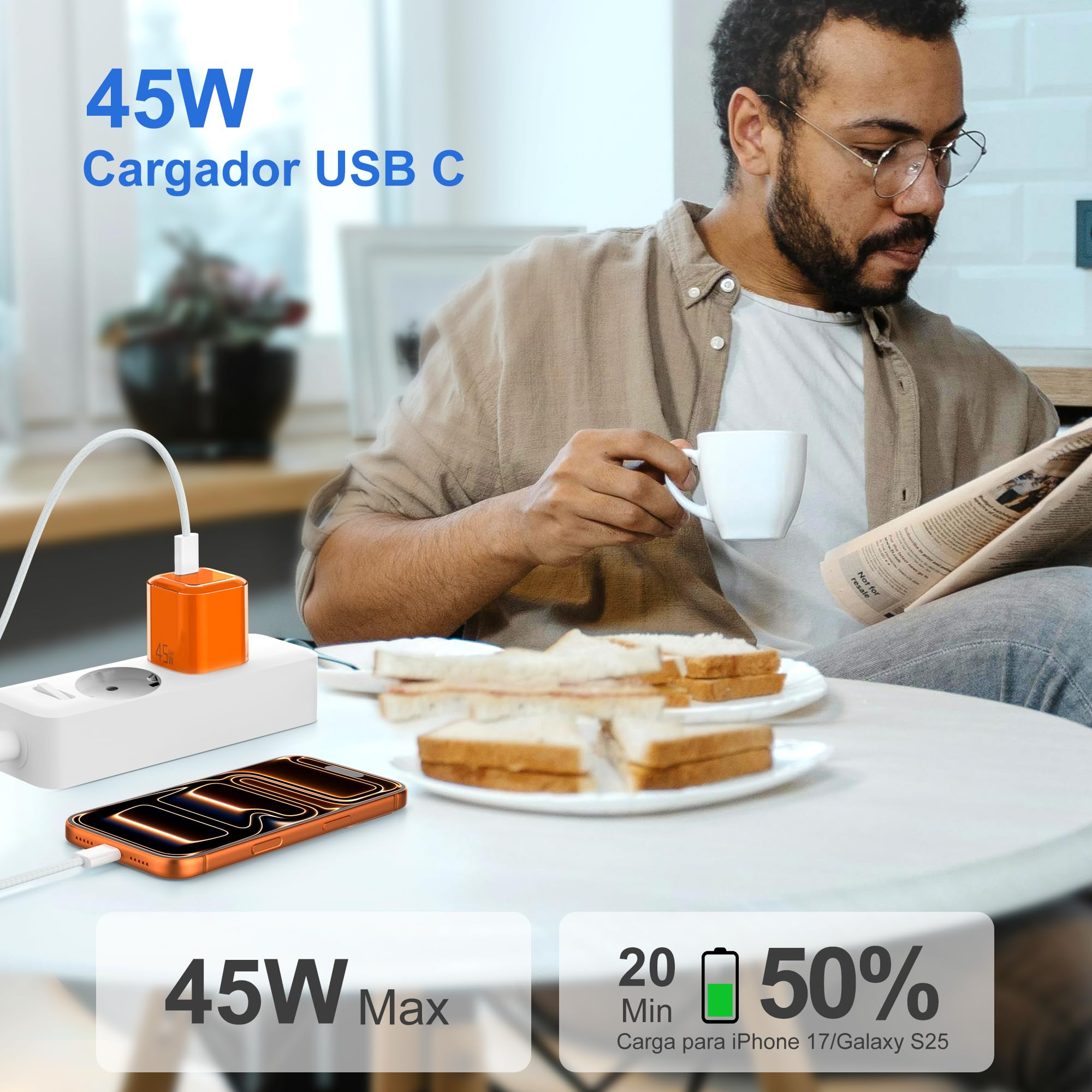 YISH Cargador USB C Carga Rapida 45W：GAN PD3.0 Enchufe USB C Movil Cargador Tipo C Carga Rapida Compacto para Teléfonos Inteligentes y Tabletas USBC Cargado Cabezal con 60W Cable Tipo C a C — view 2