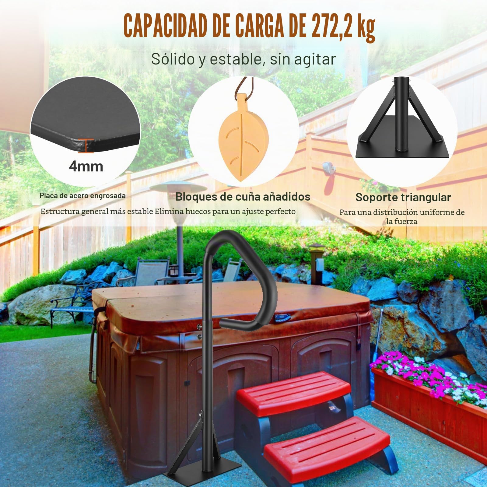 VEVOR Pasamanos Lateral para Spa 54,2x37x144,7 cm Pasamanos de Jacuzzi Giratorio de 360​​​​° Altura Ajustable 89-144,7 cm Carga 272 kg Base de Montaje Deslizante de Aluminio Antioxidante para Bañera