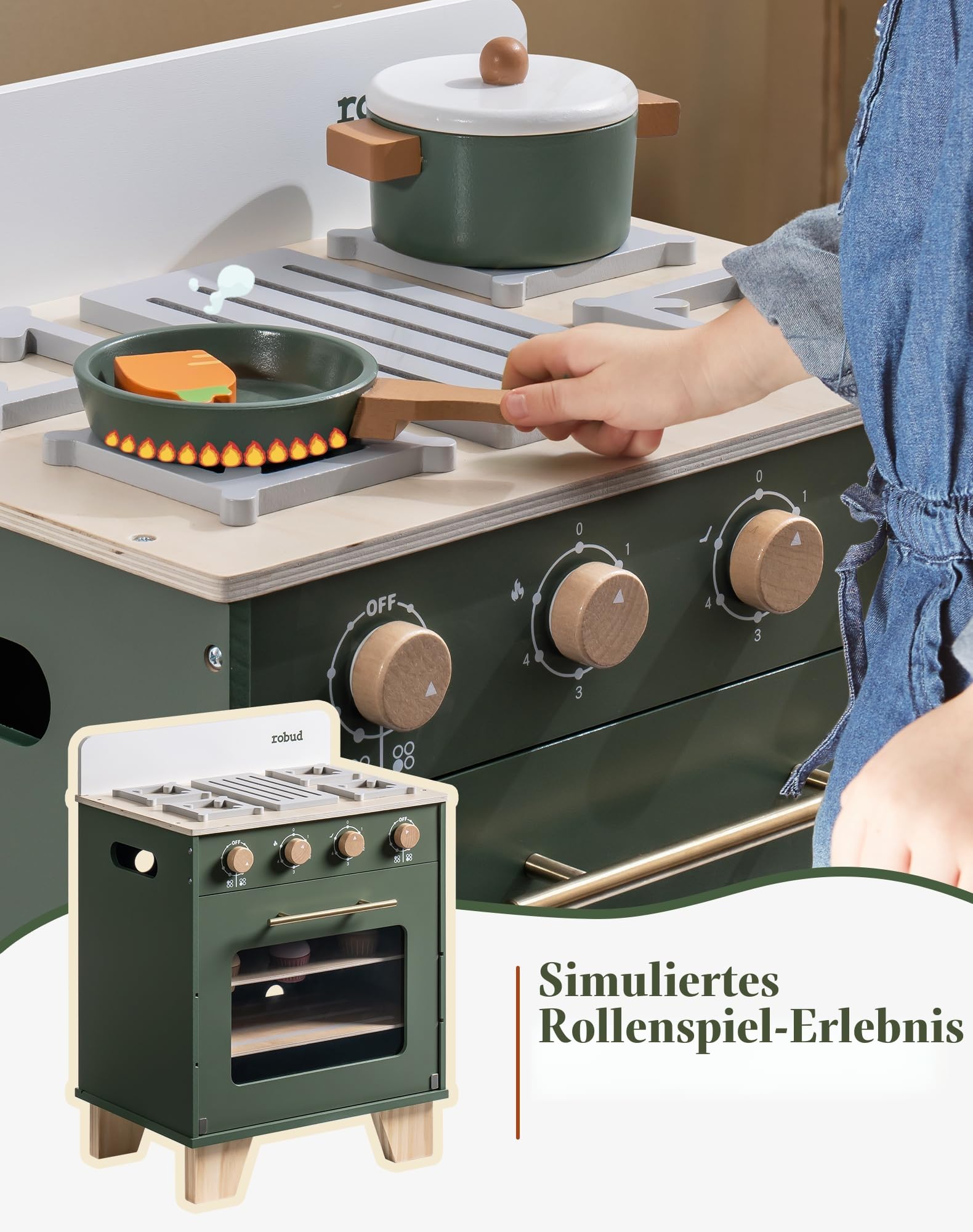 ROBUD Spielküche Holz für Kinder, Kinderküche Zubehör Spielzeugofen mit Ofen & Herde & Holzspielzeug Essen Kinder Küche, Kinderspielzeug ab 3 Jahren Mädchen Junge Geschenke