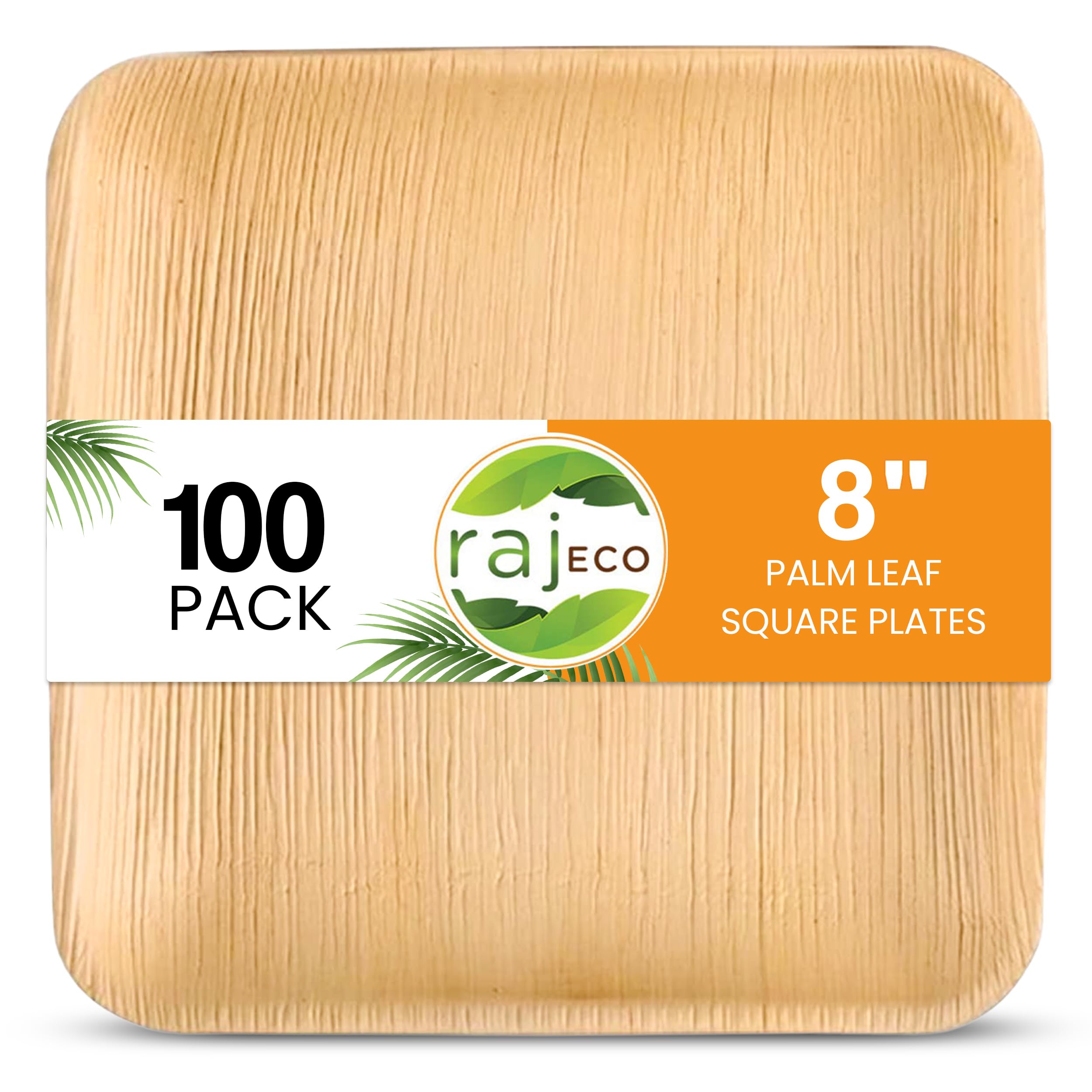 Raj Unique CollectionRaj Eco Compostable Palm Leaf Plates Like Bamboo Plate Disposable - 8 Inch Square 100 Party Plates, Natural Wooden, Eco-Friendly, Disposable Dessert Appetizer Plate