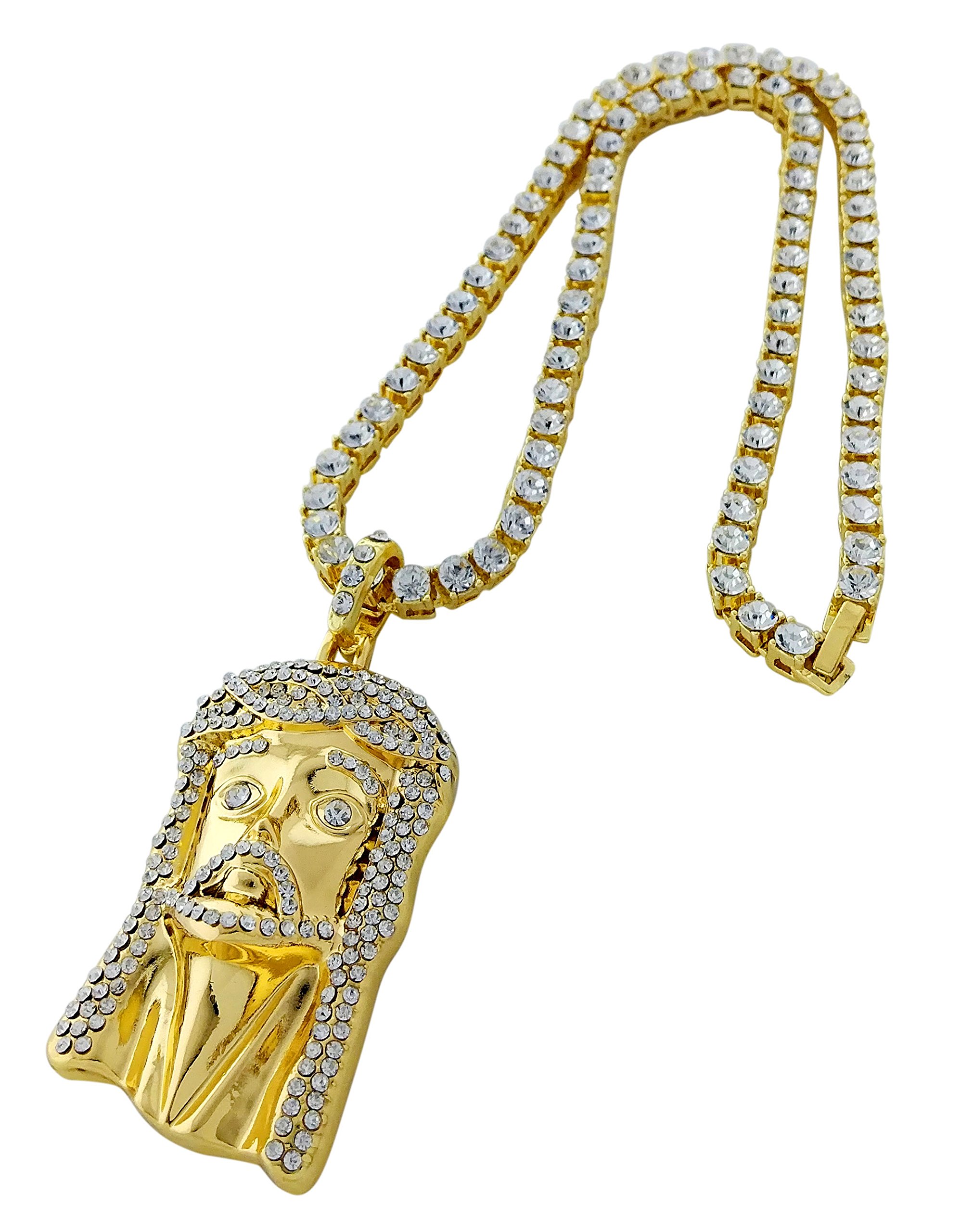 Alpha Glace Iced Out Jesus Piece Gold Pendant with CZ Diamond Tennis Link Chain