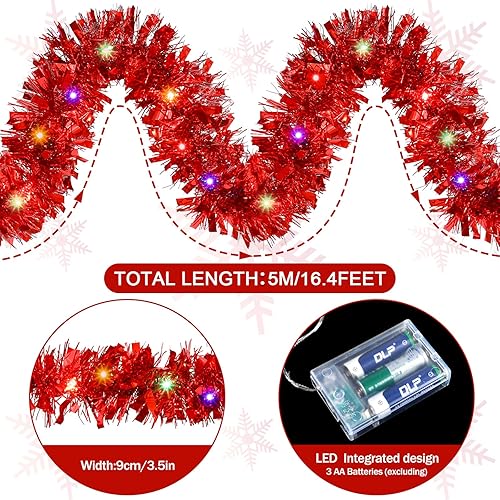 Miniatura 4 de Kingdder 16.4 ft Christmas Tinsel Garland Lighted Metallic Twist Tree Decoration Prelit Battery Operated 50 LED Hanging Garland for Xmas New Year