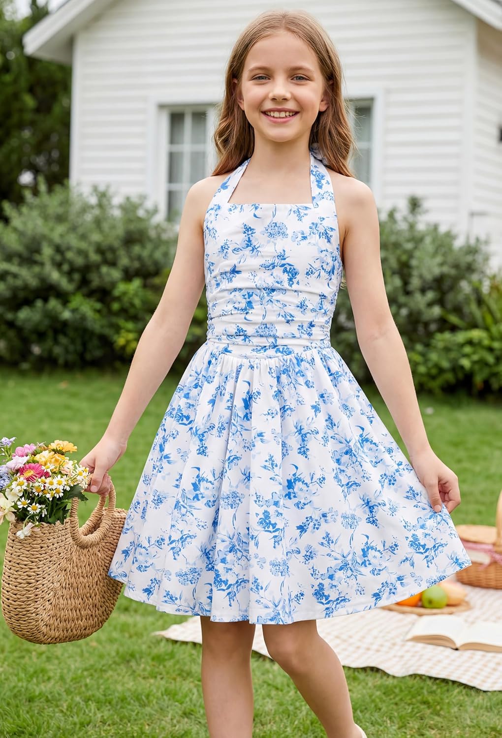 GRACE KARIN Girls Floral Summer Dress Spring Holiday Beach Party Sundress Halter Neck Tie Backless Dresses 7-14 Years - Image 2