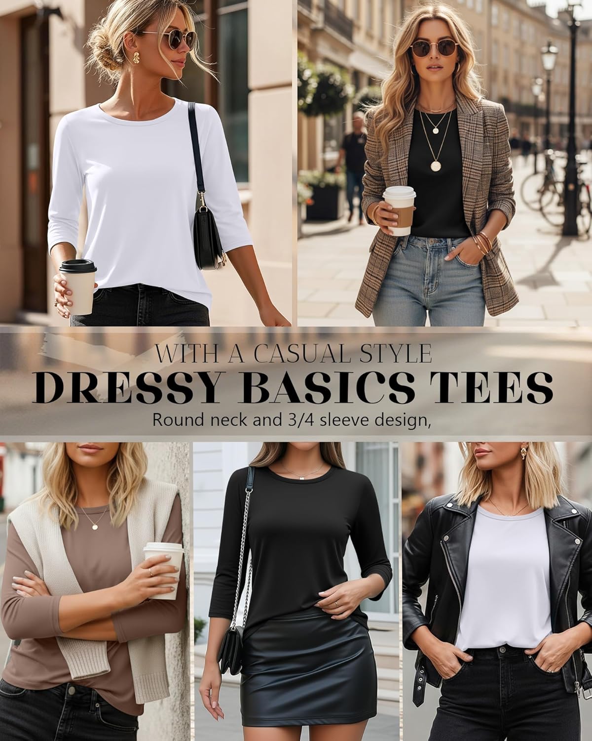 Ficerd 3 Pack 3/4 Sleeve Tops for Women Round Neck Dressy Basics Tees Casual Trendy Loose Fit T Shirts - Image 2