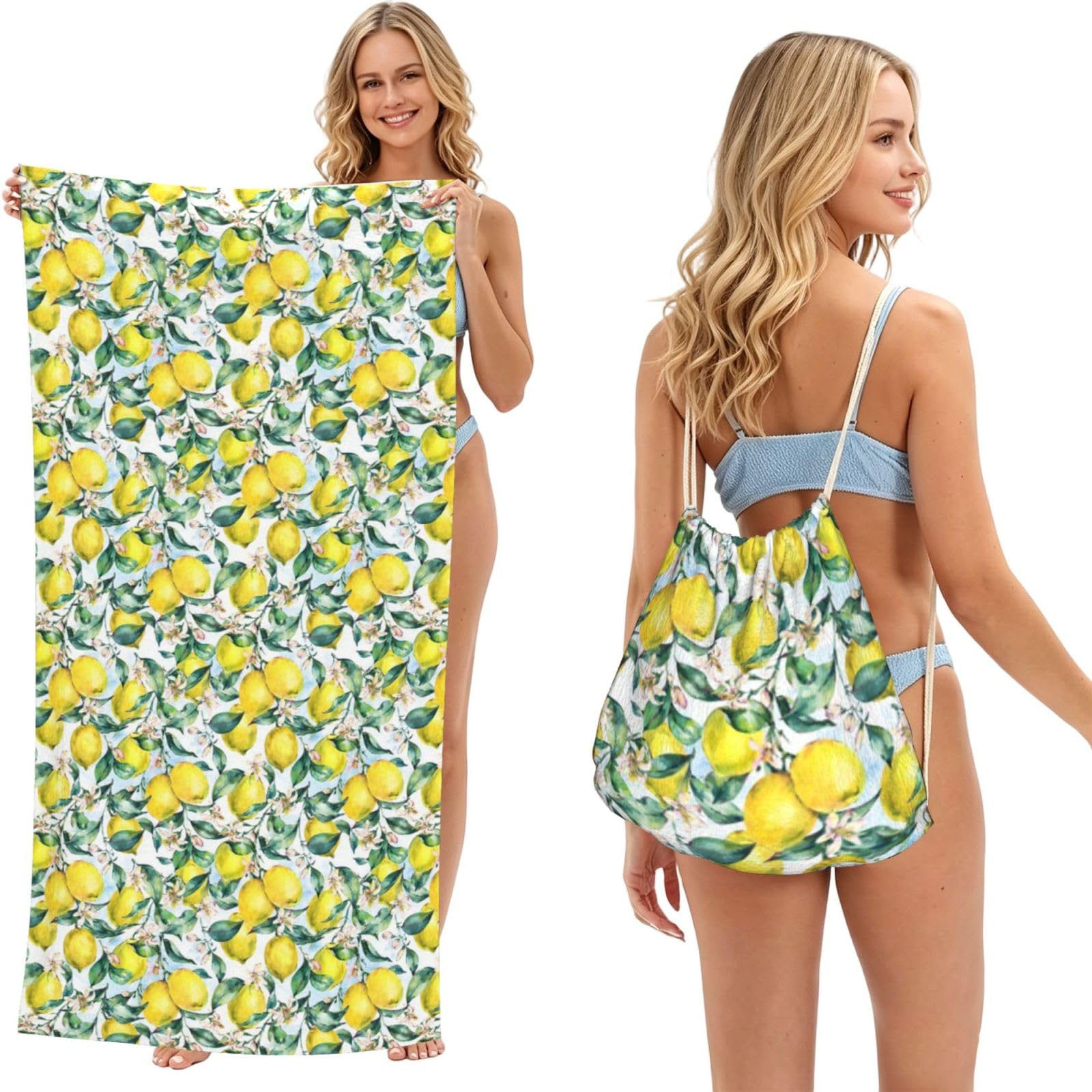 Poadnly As Picture Vintage Yellow Fruit Lemon, 2 In 1 Packable Towel Bag, Beach Towels With Drawstring Backpack For Travel Holiday Camping
