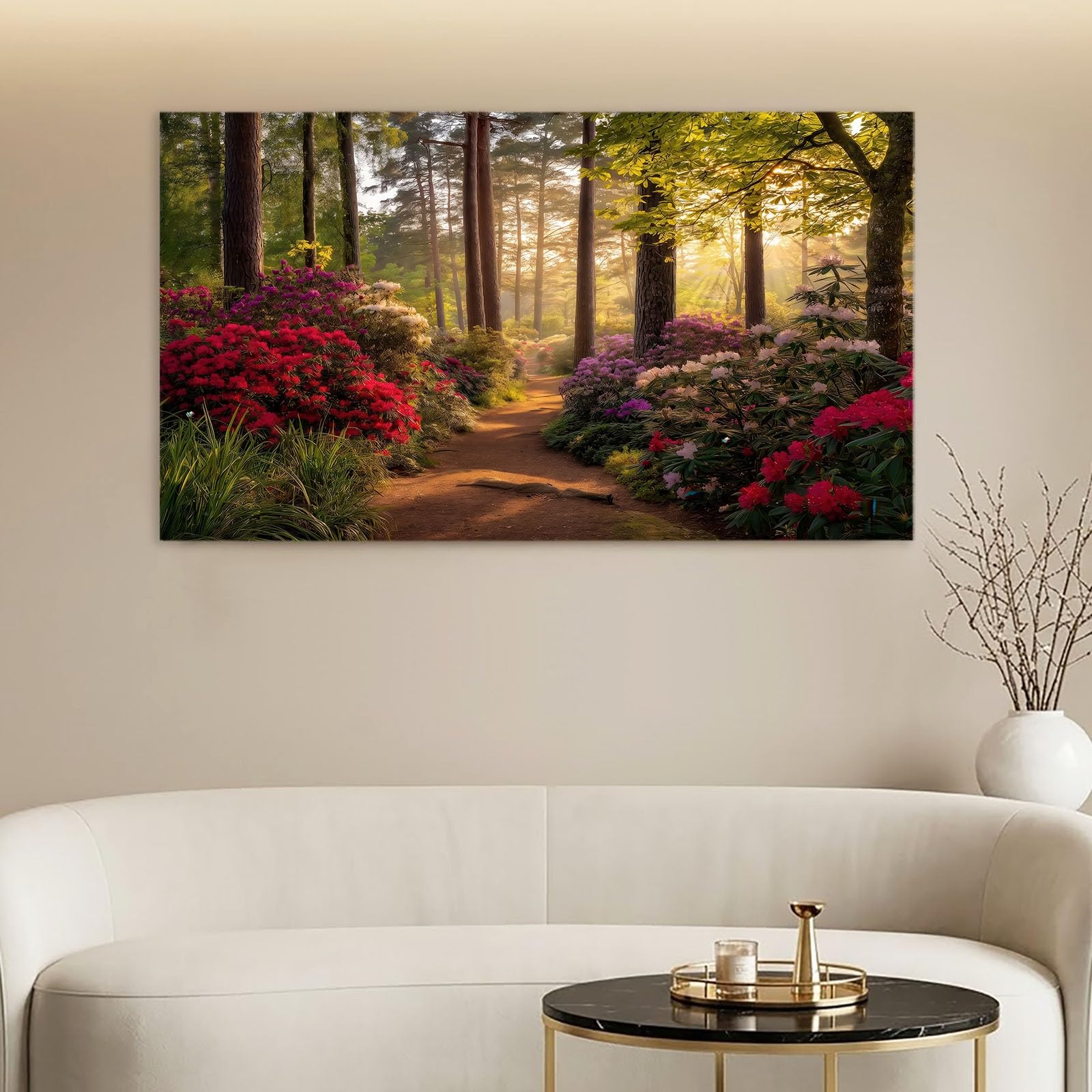 Generisch Cuadro de pared de flores con marco, 100 x 70 cm, lienzo verde, decoración de pared, impresión de alta resolución, marco de madera maciza, fácil montaje, versátil