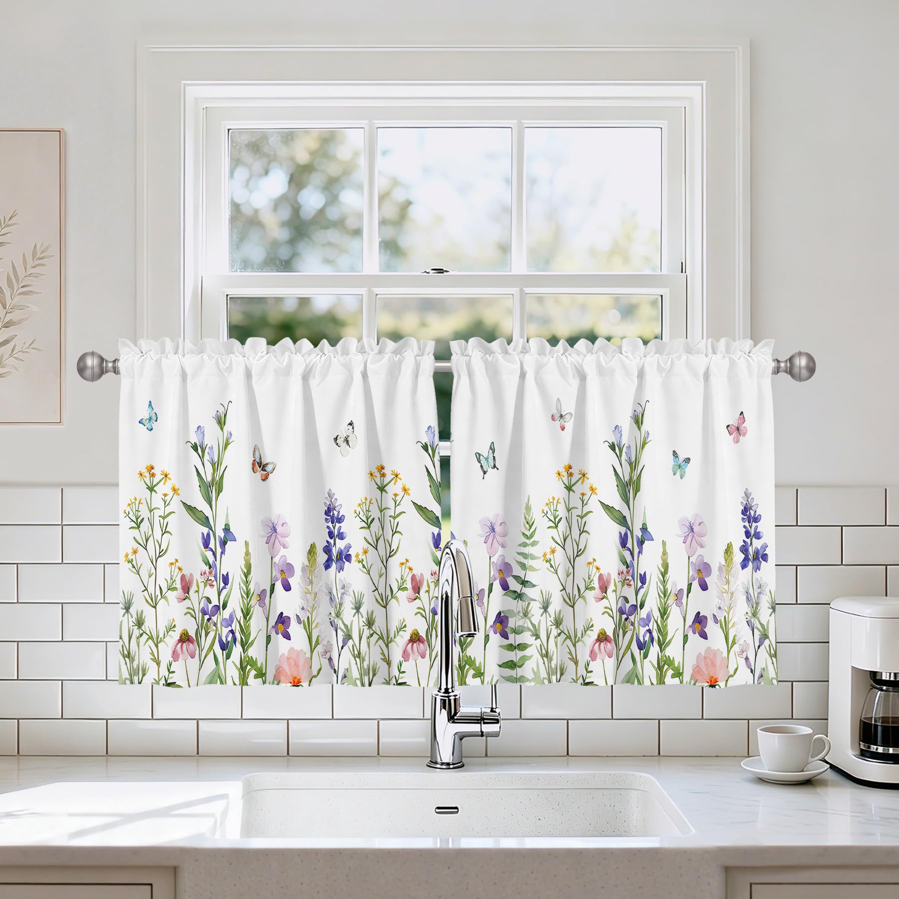 Spring Wildflower Flower Valance Curtains, Rod Pocket Sheer 26x36 in