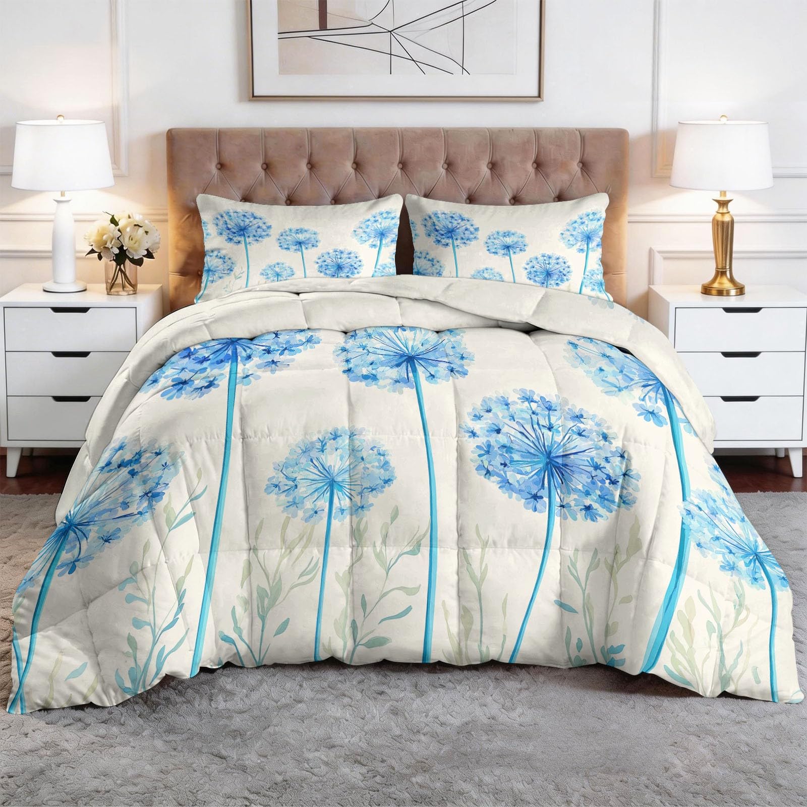Edredón de 135 x 200 cm, diseño de plantas y flores, estampado 3D, color azul claro, para las 4 estaciones, edredón para todo el año, lavable, para niños y niños