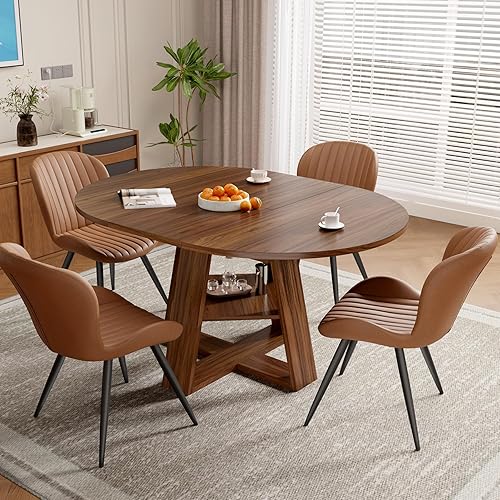 Miniatura 10 de Conjunto de mesa de comedor extensible redonda a ovalada Aivermel para 4–6, mesa de cocina de madera con almacenamiento oculto y sillas tapizadas,