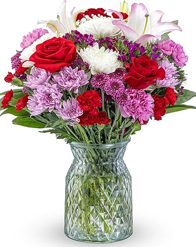 Benchmark Bouquets - Timeless Romance Grand (jarrón de cristal incluido) - Flores frescas para entrega - Regalo para cumpleaños, aniversario,