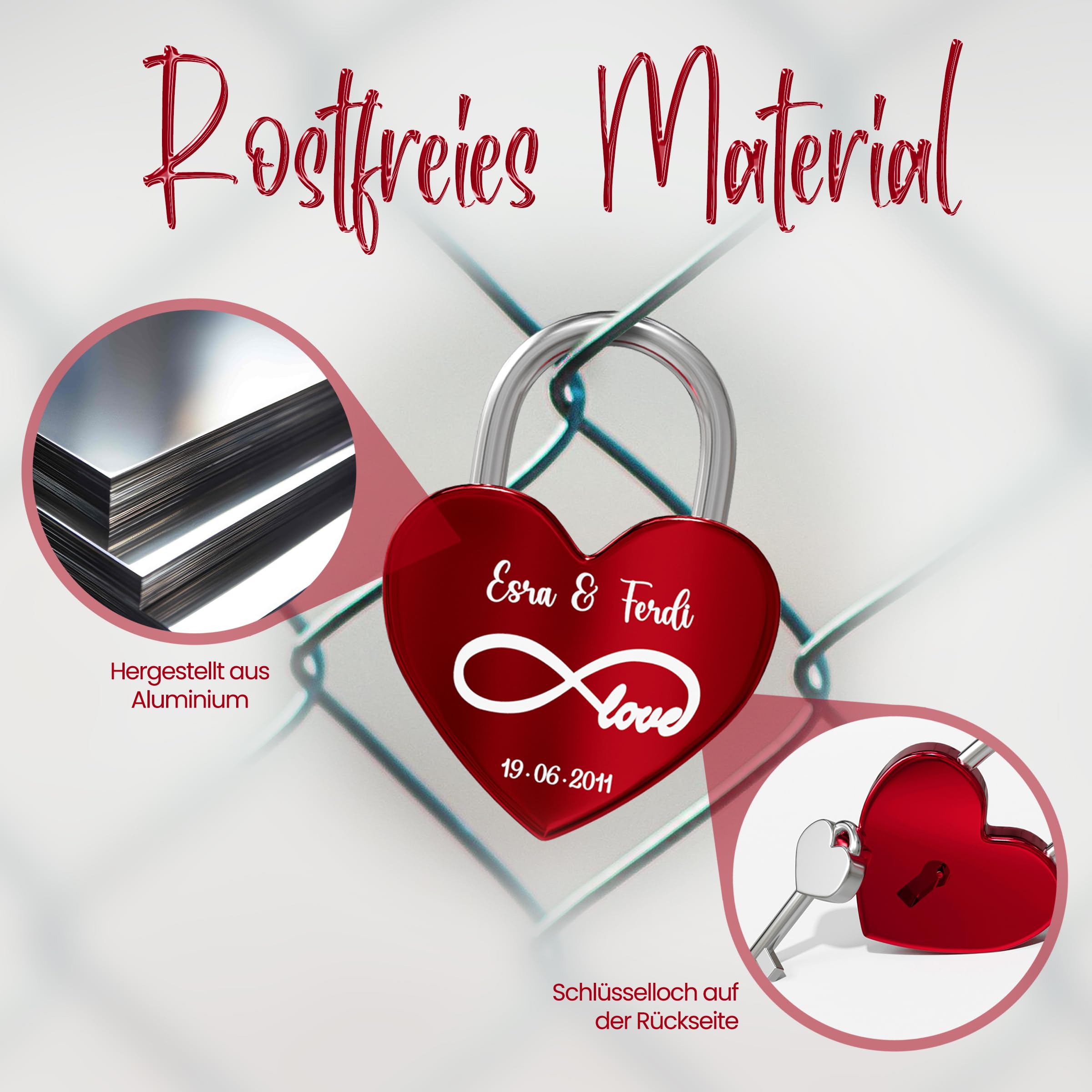 Liebesschloss mit Gravur - Rotes Schloss mit individueller Gravur, witterungsbeständig - Perfektes Liebesgeschenk für Sie und Ihn, ideal für Valentinstag