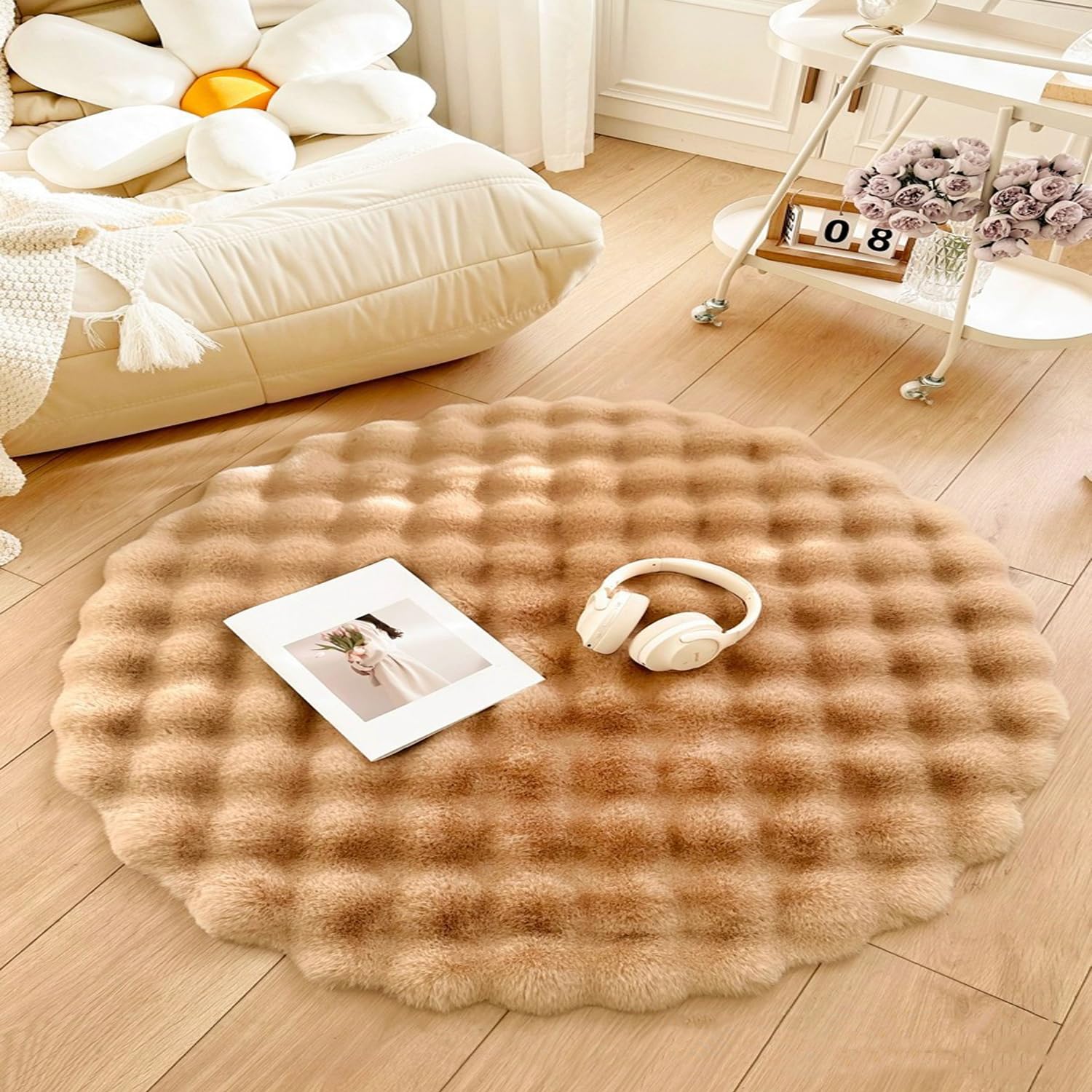 Alfombra redonda suave y esponjosa antideslizante para habitación de niños y sala de estar, color caqui, 150 cm, acogedora decoración de dormitorio, perfecta para jugar y relajarse