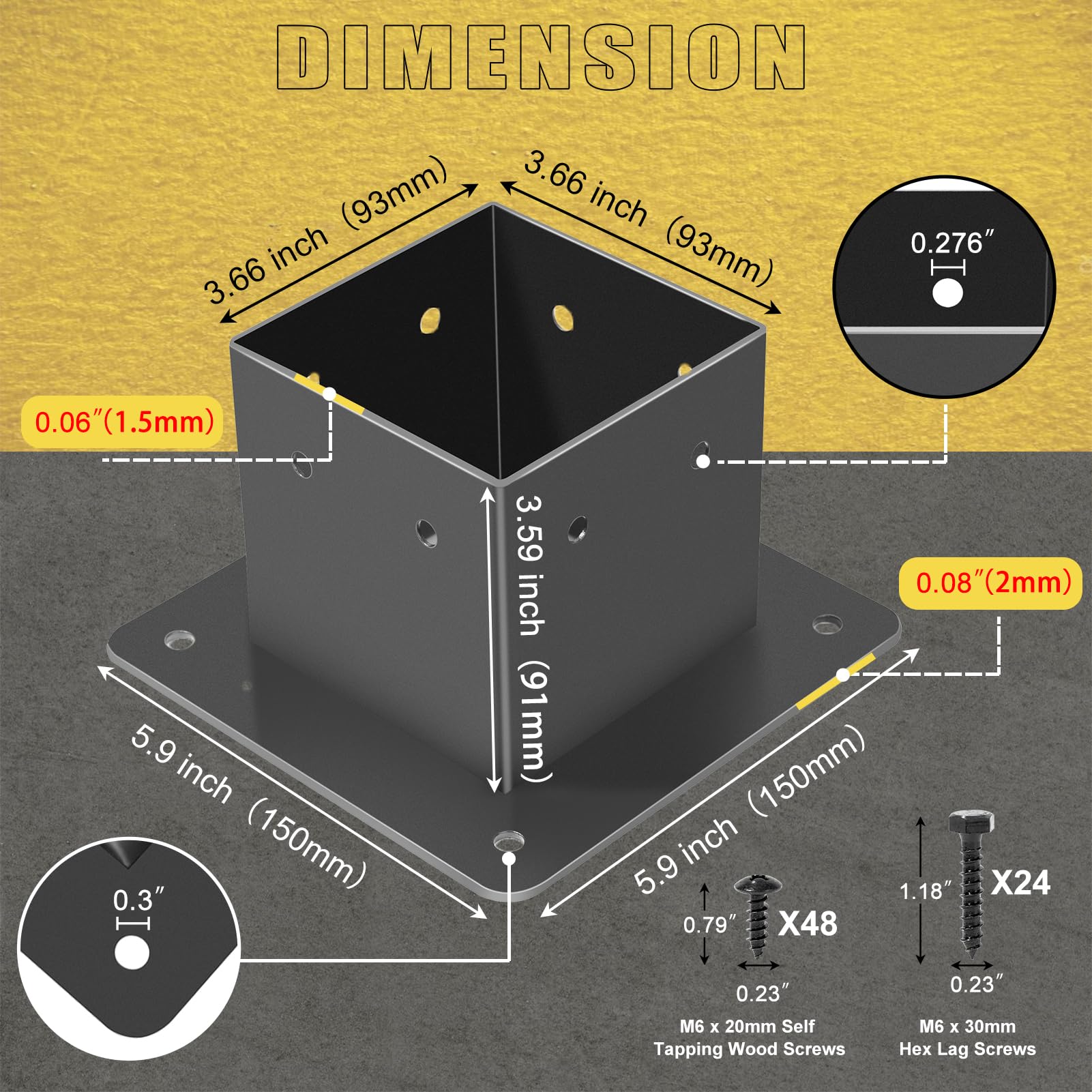 FNXAOR 4x4 Post Base 6 Pcs, Inner Size 3.5