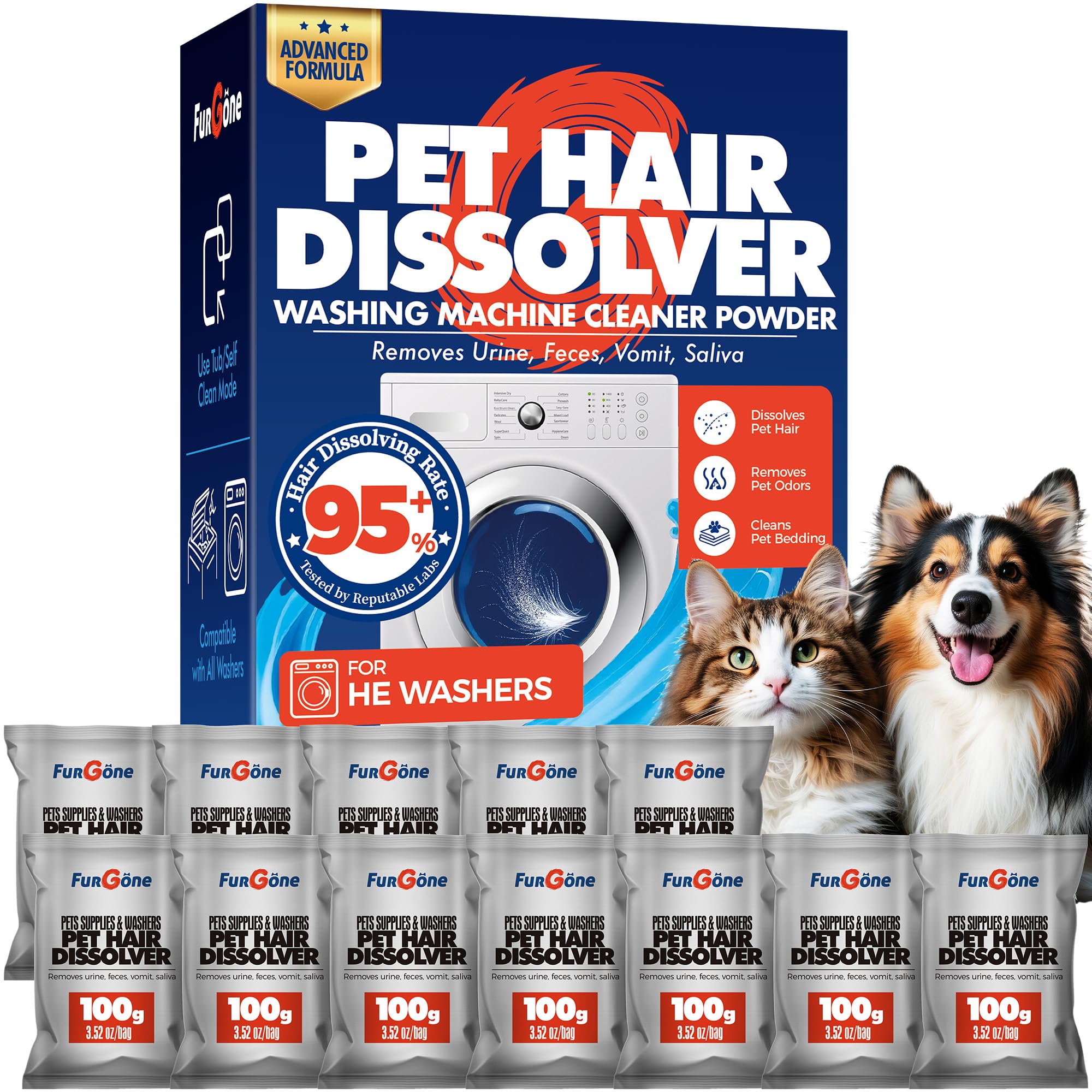 FURGONE Upgraded Pet Hair Dissolver Washer Cleaner Powder, 12 Sachets