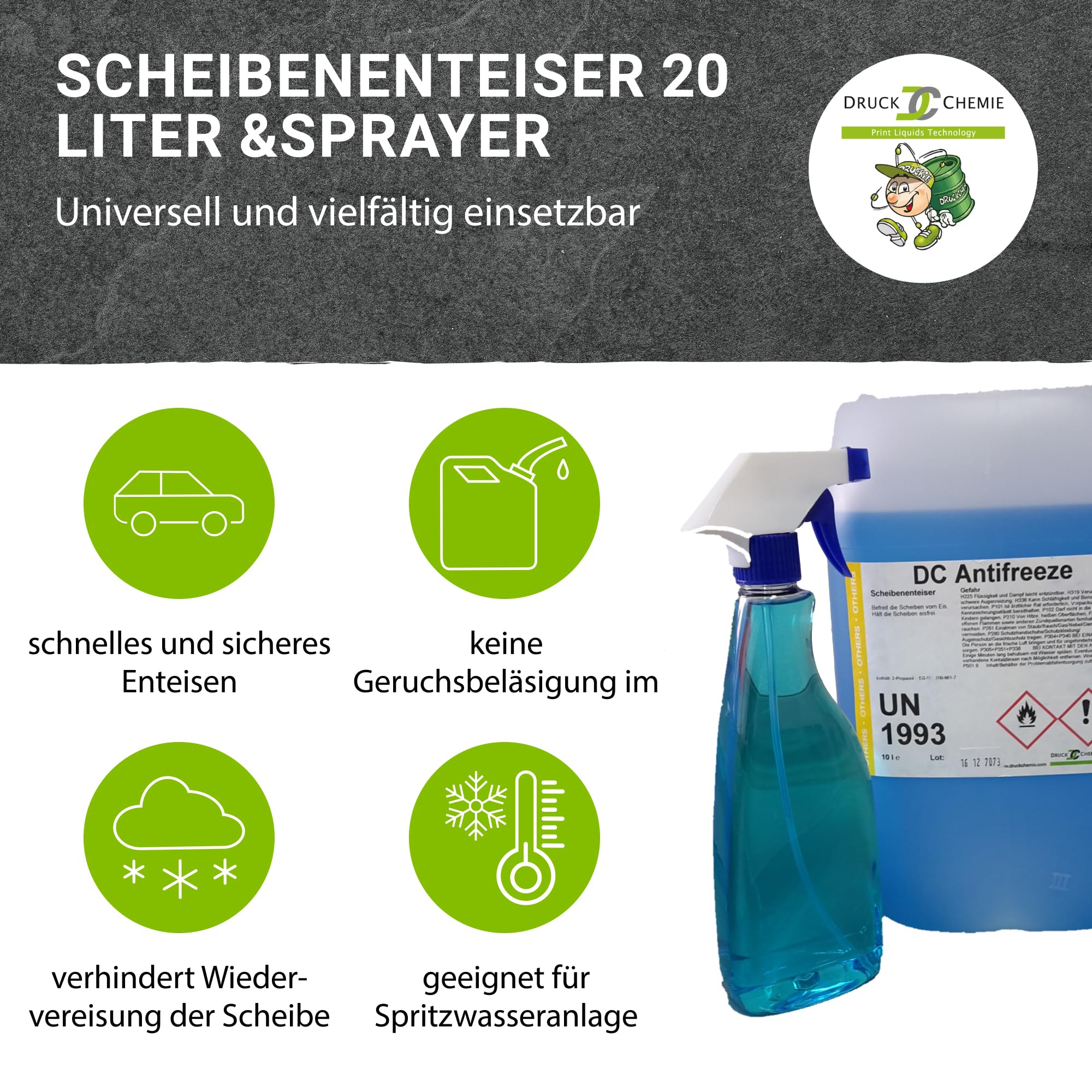 DC DruckChemie GmbH Antifreeze Scheibenenteiser Auto 20L + Triggersprayer - Leistungsstarker Entfroster für Autoscheiben, Seitenspiegel & Scheinwerfer