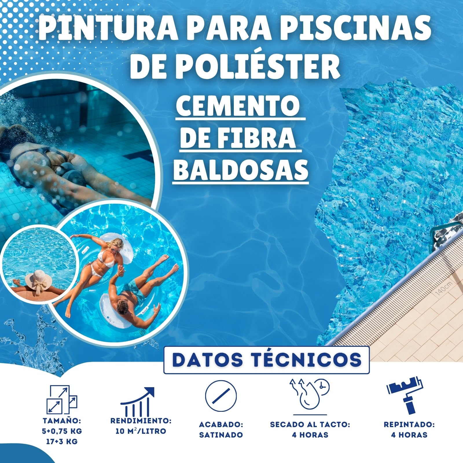 Pintura para Piscinas de Poliester, Cemento, Fibra, Baldosas | Dos Componentes | Buena adherencia (BLANCO, 5+0,75 KG)