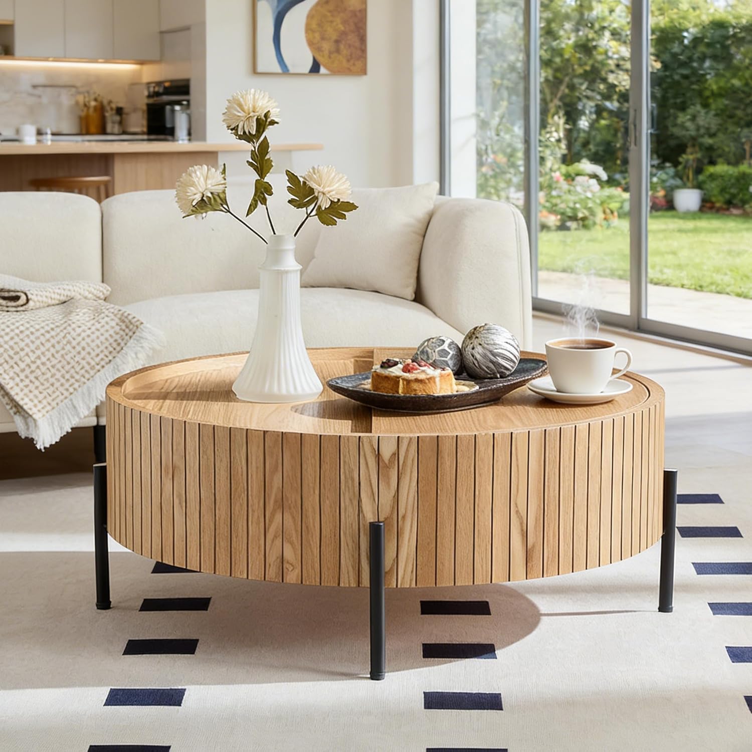 Modern 31.5” Round Coffee Table, Small Center Table with Large Built in Storage, MDF Wood Side Table, Dinning Table for Living Room, Apartment, Small Space.(Natural)