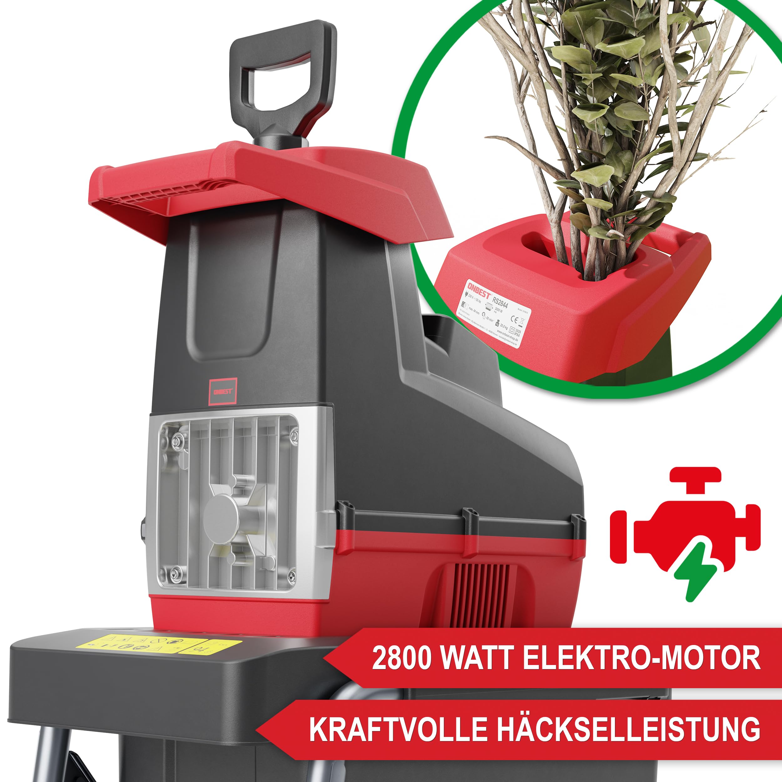 ONBEST Häcksler Garten – 2800 Watt Motor – 44 mm Schnittkapazität – 60 Liter Auffangbox – Selbsteinzug – Rücklauffunktion – inkl. Nachstopfer – Elektro Gartenhäcksler – Leisehäcksler für Holz