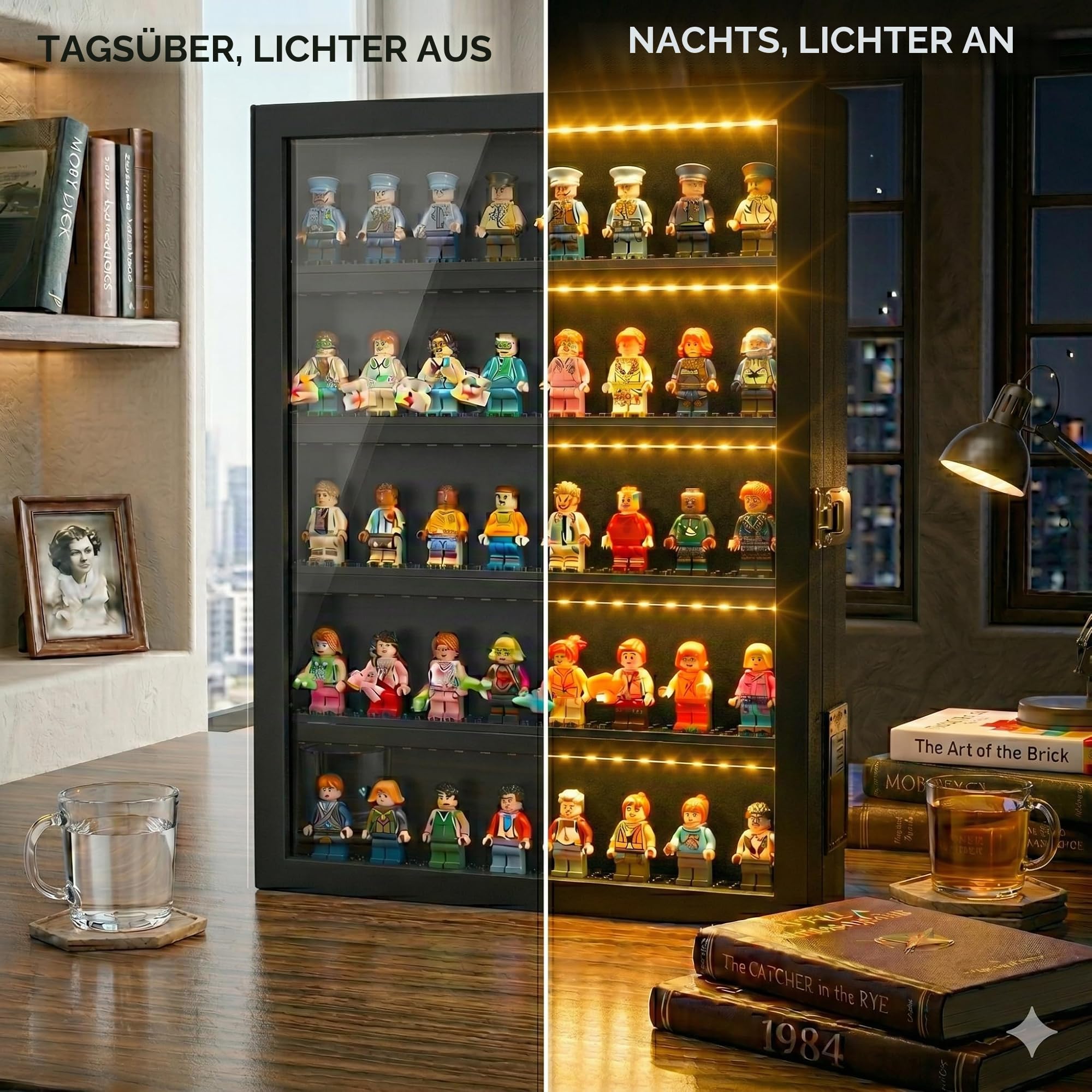 Minifiguren-Vitrine, schwarz, 40,6 x 27,9 x 5,9 cm, Vitrine mit LED-beleuchteten Regalen, Mini-Figuren-Vitrine mit eingebauten Füßen, batteriebetrieben, kabellos, Sammlungsdisplay