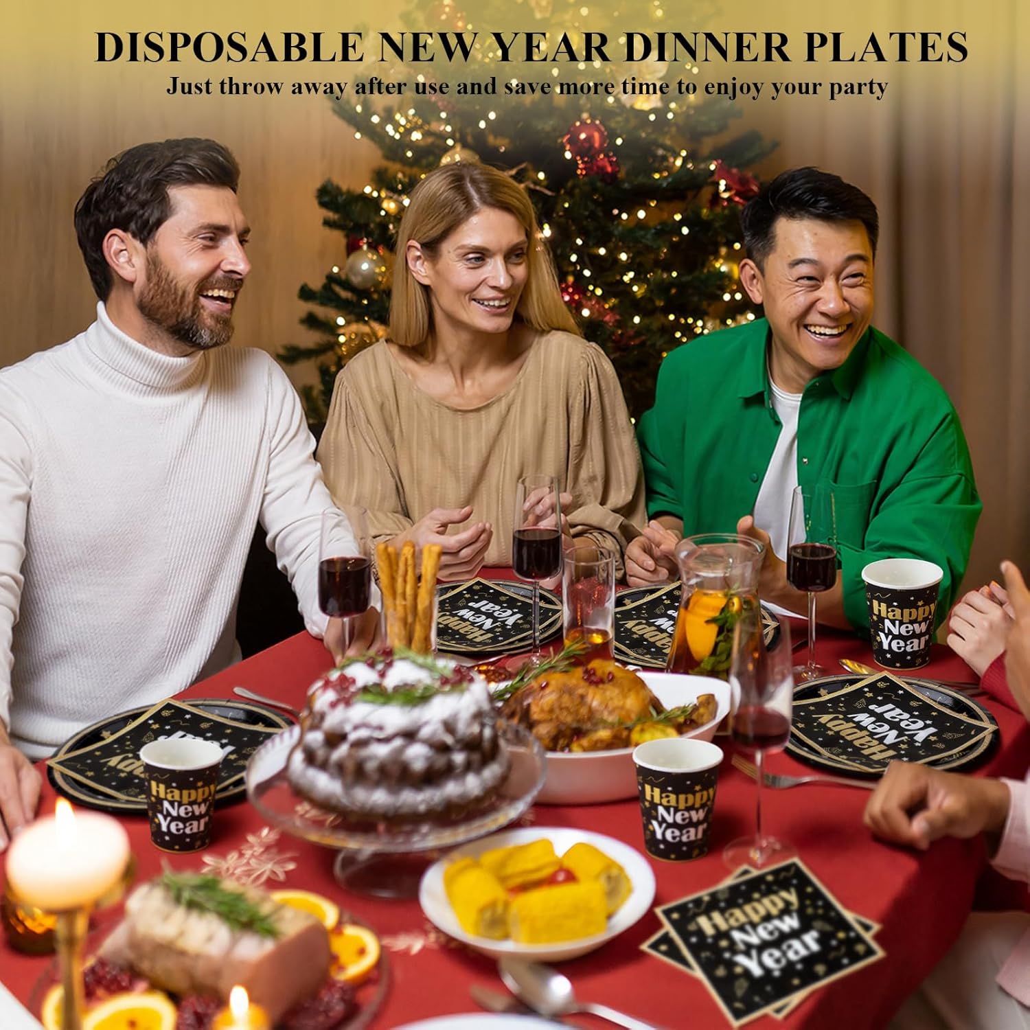 Jenaai 200 Pcs New Year Party Supplies 2026 Bulk for 50 Includes Paper Plates Napkins and Cups Disposable Tableware Happy New Year Party Favors Decoration for Dinner(Classic)