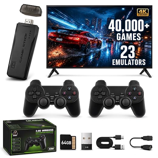 M8 Plus Retro Game Console Stick, 20000+ Classic Video Games Built-in 64GB, 23 Emulators Plug and Play TV Game Stick with Dual 2.4G Wireless Controllers, 4K HDMI Output for TV/Monitor/Projector