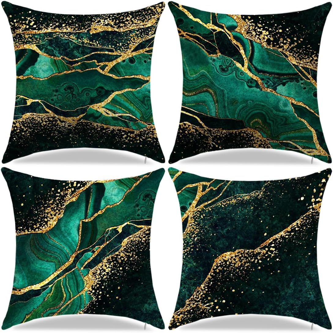 Green Throw Pillow Covers 18 x 18 lnch Decorative Pillow Covers Set of 4 Emerald Green and Gold Living Room Decor for Home Decor Room Bed Sofa Couch Pillows Pillowcases