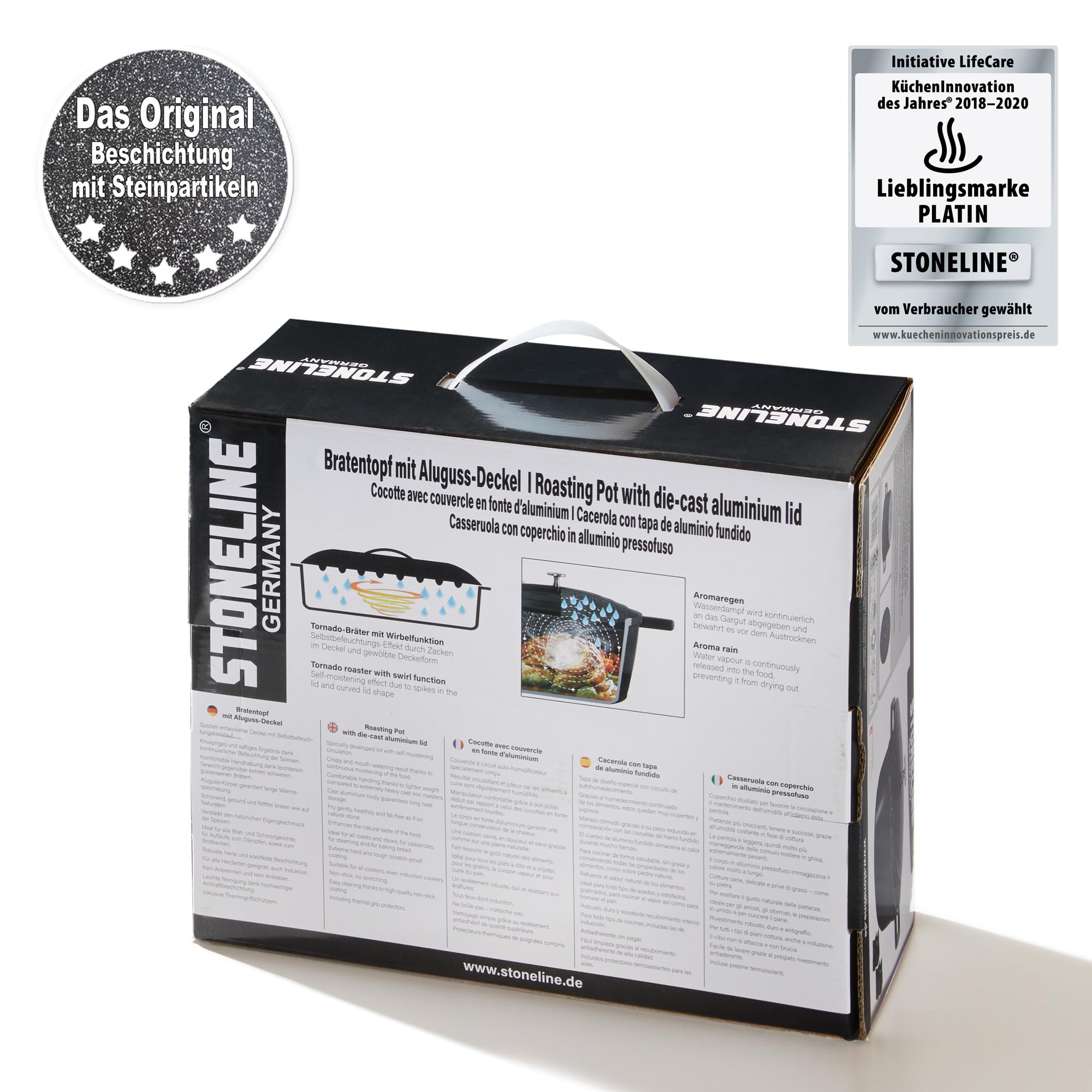 STONELINE Casseruola 20 cm, 2,6 L Rostiera Cocotte con Coperchio, Pentola Alluminio Pressofuso Rivestimento Antiaderente con Vere Particelle di Pietra, A Induzione Forno Tutti i Piani Cottura, Nero