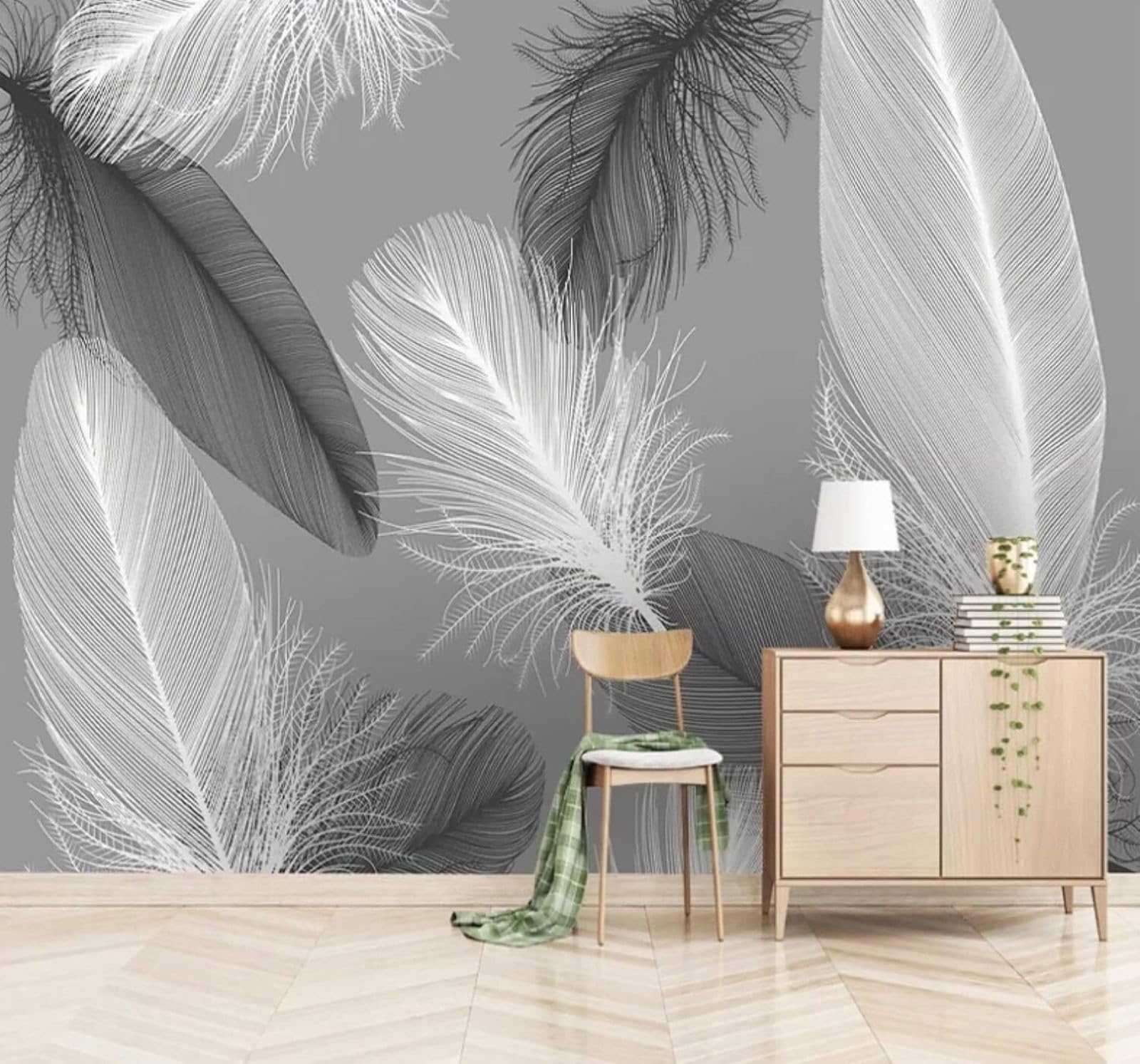 XLMING Minimalist Three Dimensional Hand Drawn Black and White Feathers 3D Wallpaper Luxury Home Dining Decor Paste Sofa Living Room The Wall for Bedroom Mural-400cm×280cm