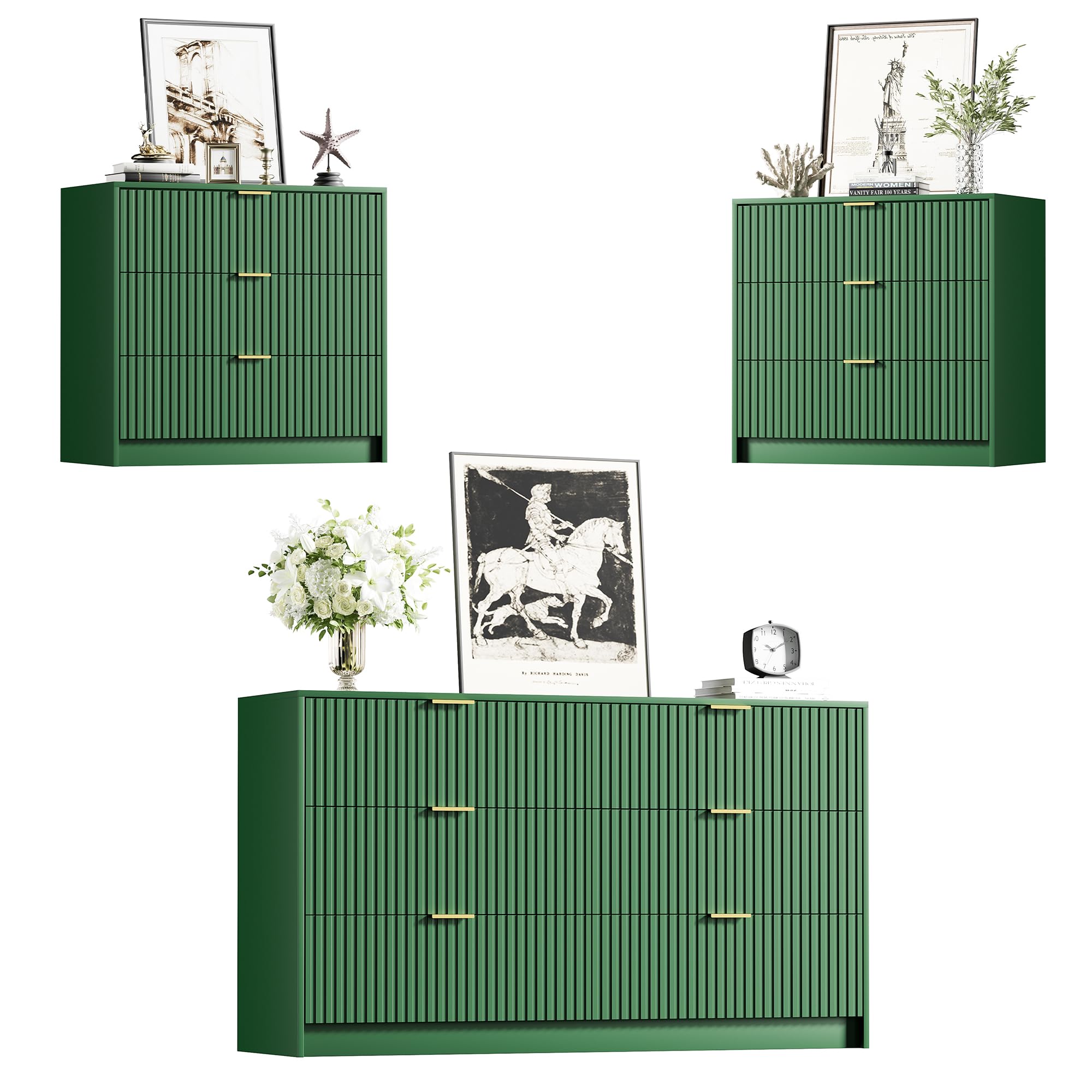 3 Piece Modern Bedroom Set, 6 Drawer Dresser with 2 Nightstands, Green
