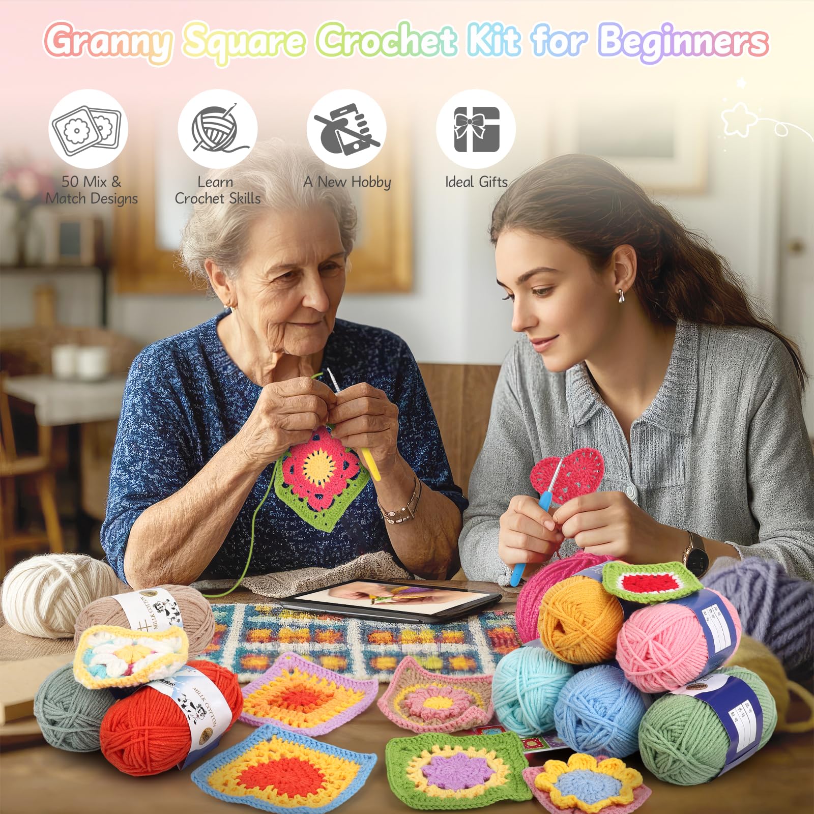 Coopay Quadratisches Häkelset für Anfänger, Häkel-Starter-Set, komplettes Häkelset mit Garn in 18 Farben und 3 quadratischen Häkelbüchern, Häkelstichkartendeck – 50 verschiedene Designs
