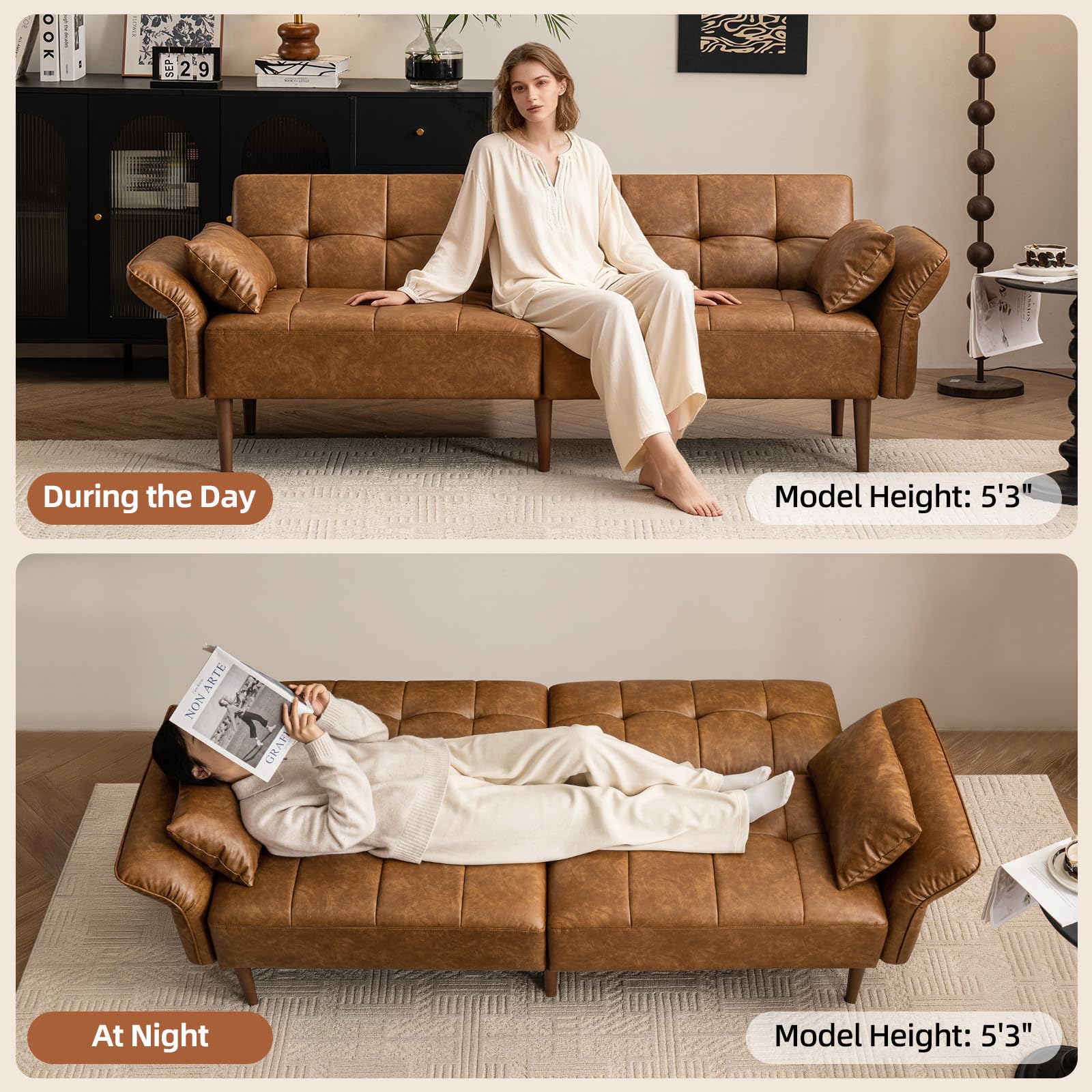 HALLYBEE 85" Futon Faux Leather Couch with Adjustable Armrests Brown | Futon Sofa Bed, Sleeper Sofa, Small Couch with Pillows, Side Pockets, Mid Century Modern, Living Room, Bedroom, Apartment