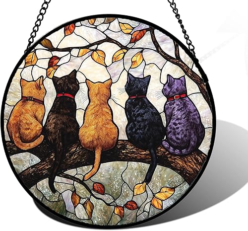 Colgante de vidrieras para colgar en la ventana, 5 gatos en una rama, para puertas de ventana, decoración del hogar y Navidad, Día de la Madre, Día