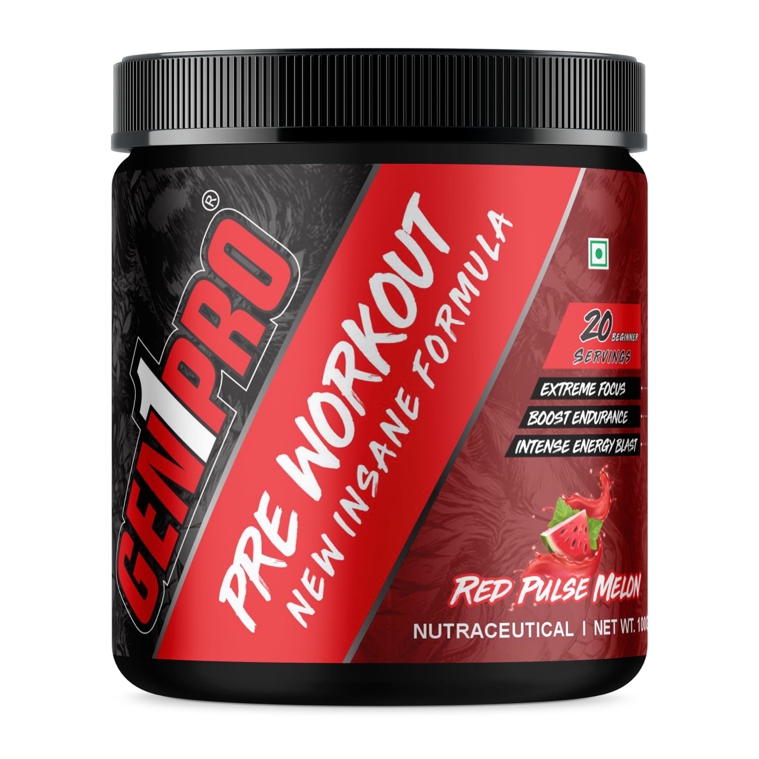 Pre Workout Powder – New Insane Formula for Energy, Focus, Endurance & Muscle Pump | 200mg Caffeine, 3.5g Beta-Alanine, Creatine, Amino Acids & Vitamins | Sugar Free Sports Nutrition Supplement [Red Pulse Melon, 15 Servings, 100g]