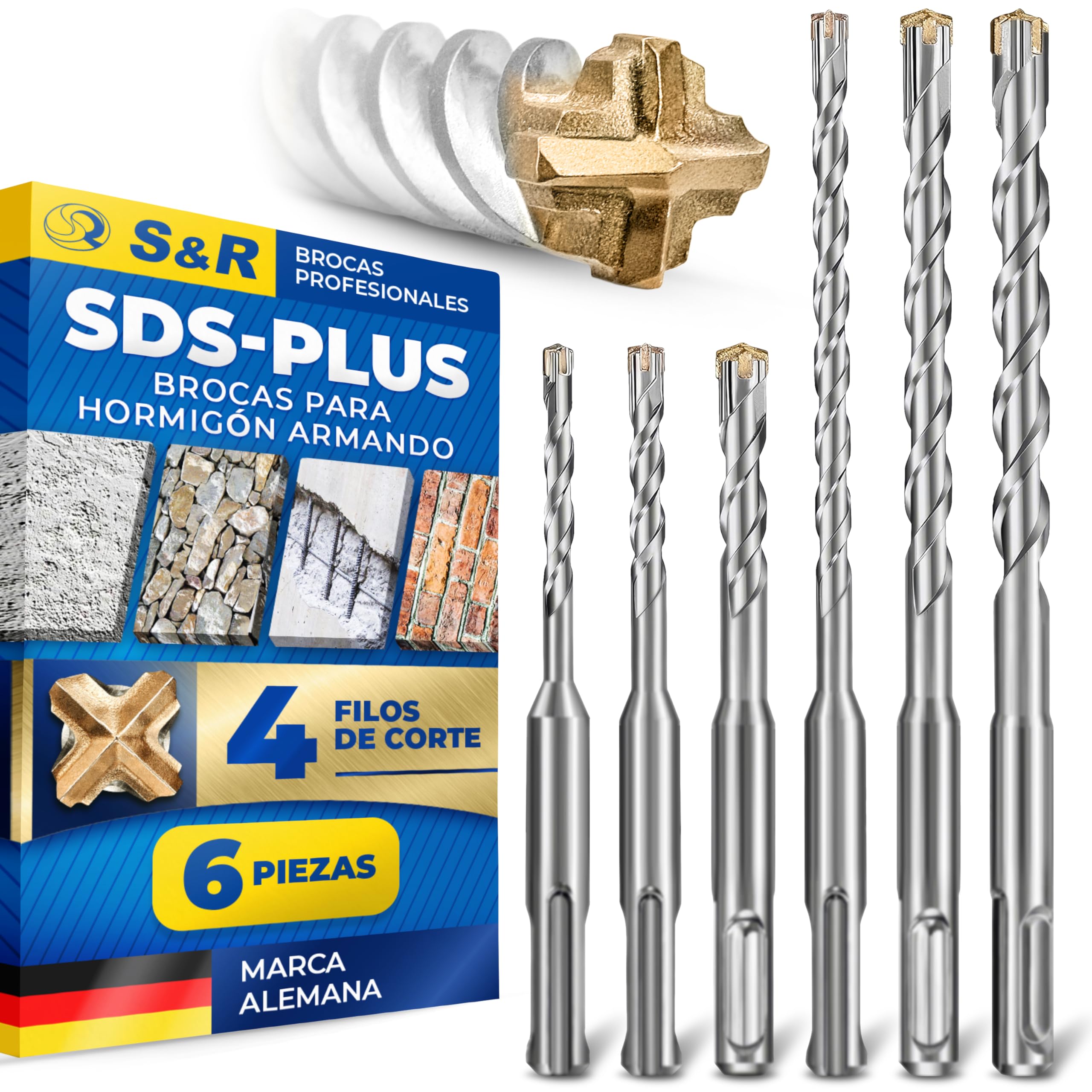 S&R SDS-Plus Drill Bit Set / 4 Cuts - 6/7 Pieces - for Concrete, Stone and Granite (6 Pieces/SDS Plus / 5-10 mm)